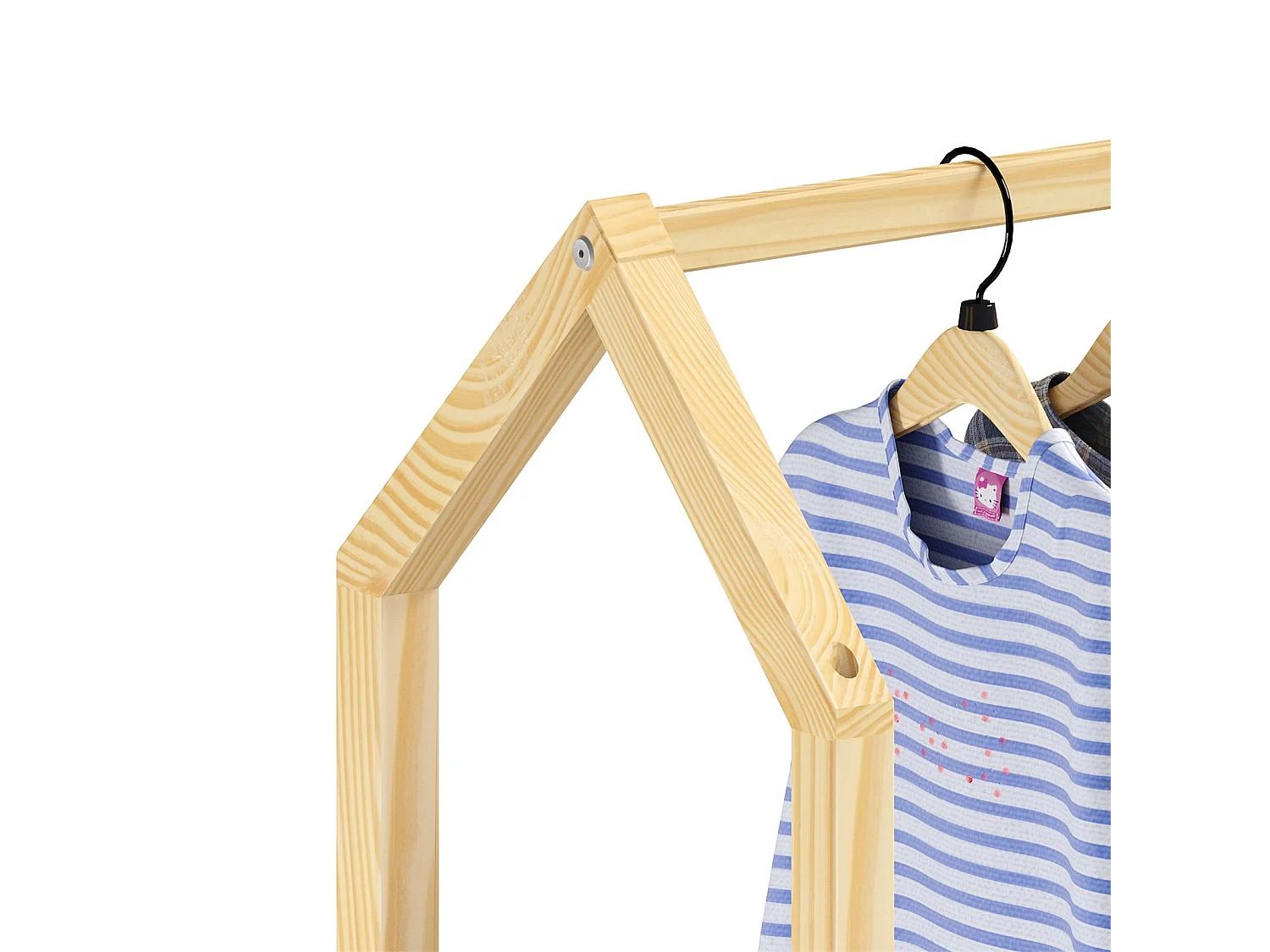 Commode AMIRA meuble de rangment pour enfant en forme de maison, avec 3 tiroirs et 1 tringle, en pin massif naturel