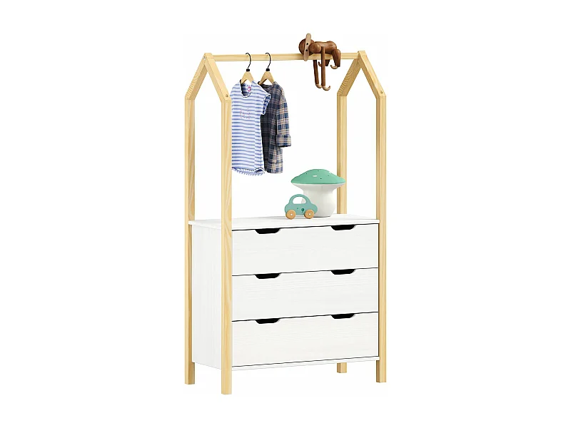 Commode enfant AMIRA H 152 cm en bois massif coloris naturel et blanc type Montessori avec 3 tiroirs et 1 tringle