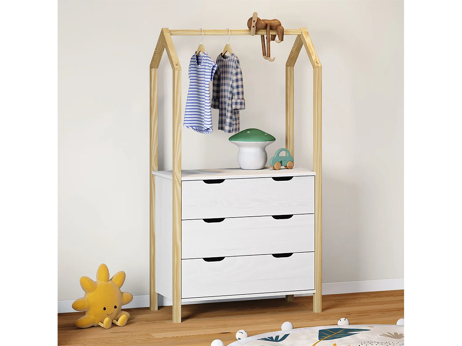 Commode enfant AMIRA H 152 cm en bois massif coloris naturel et blanc type Montessori avec 3 tiroirs et 1 tringle