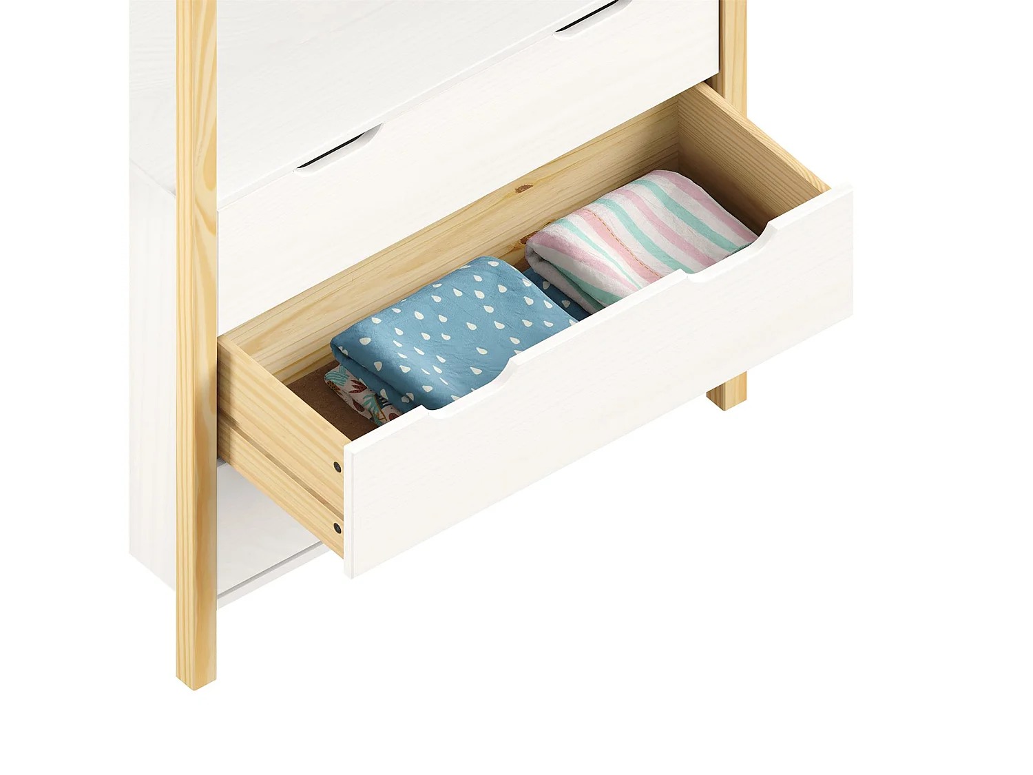 Commode enfant AMIRA H 152 cm en bois massif coloris naturel et blanc type Montessori avec 3 tiroirs et 1 tringle