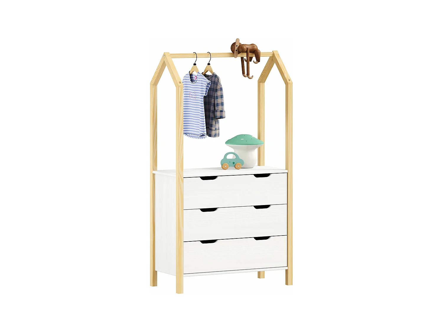 Commode enfant AMIRA H 152 cm en bois massif coloris naturel et blanc type Montessori avec 3 tiroirs et 1 tringle