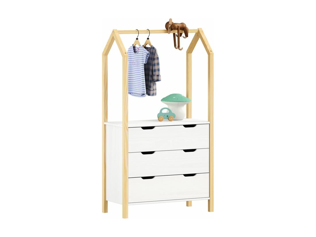 vente unique Commode enfant AMIRA H 152 cm en bois massif coloris naturel et blanc type Montessori avec 3 tiroirs et 1 tringle