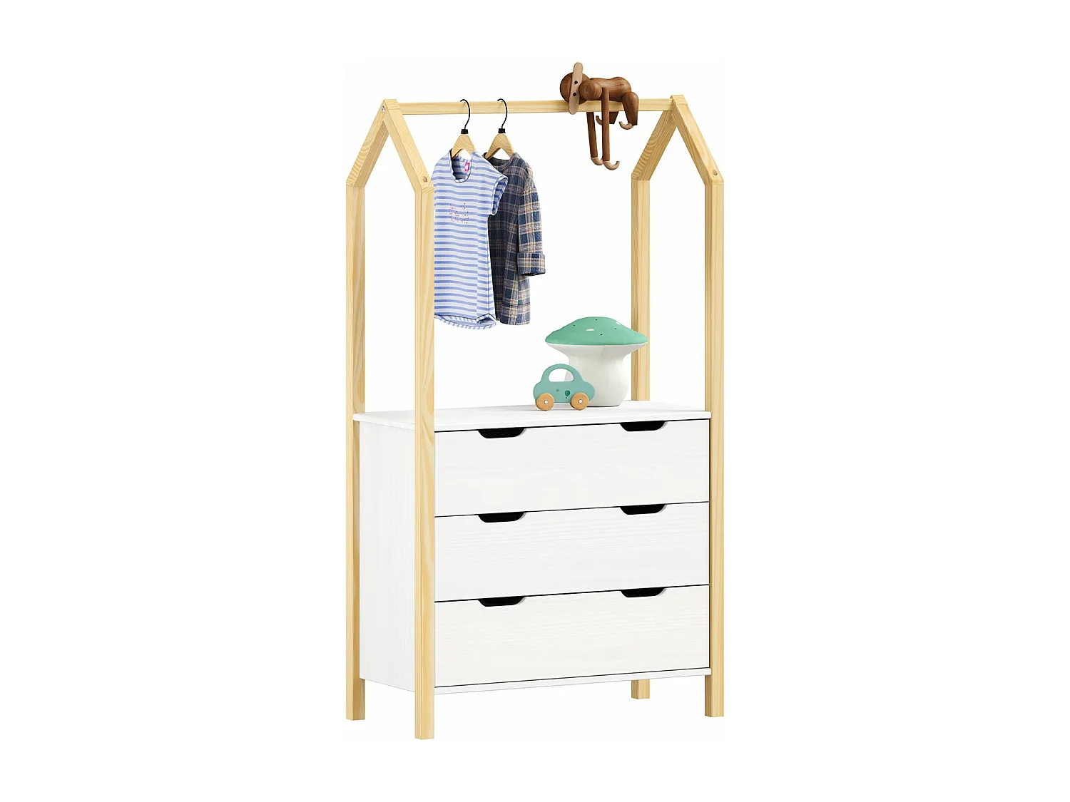 Commode enfant AMIRA H 152 cm en bois massif coloris naturel et blanc type Montessori avec 3 tiroirs et 1 tringle