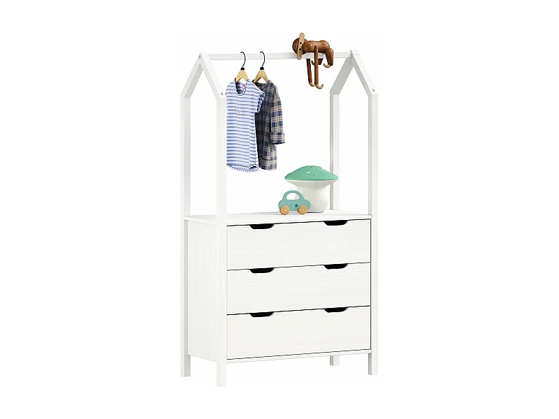 Commode enfant AMIRA H 152 cm en bois massif blanc type Montessori avec 3 tiroirs et 1 tringle meuble de rangement