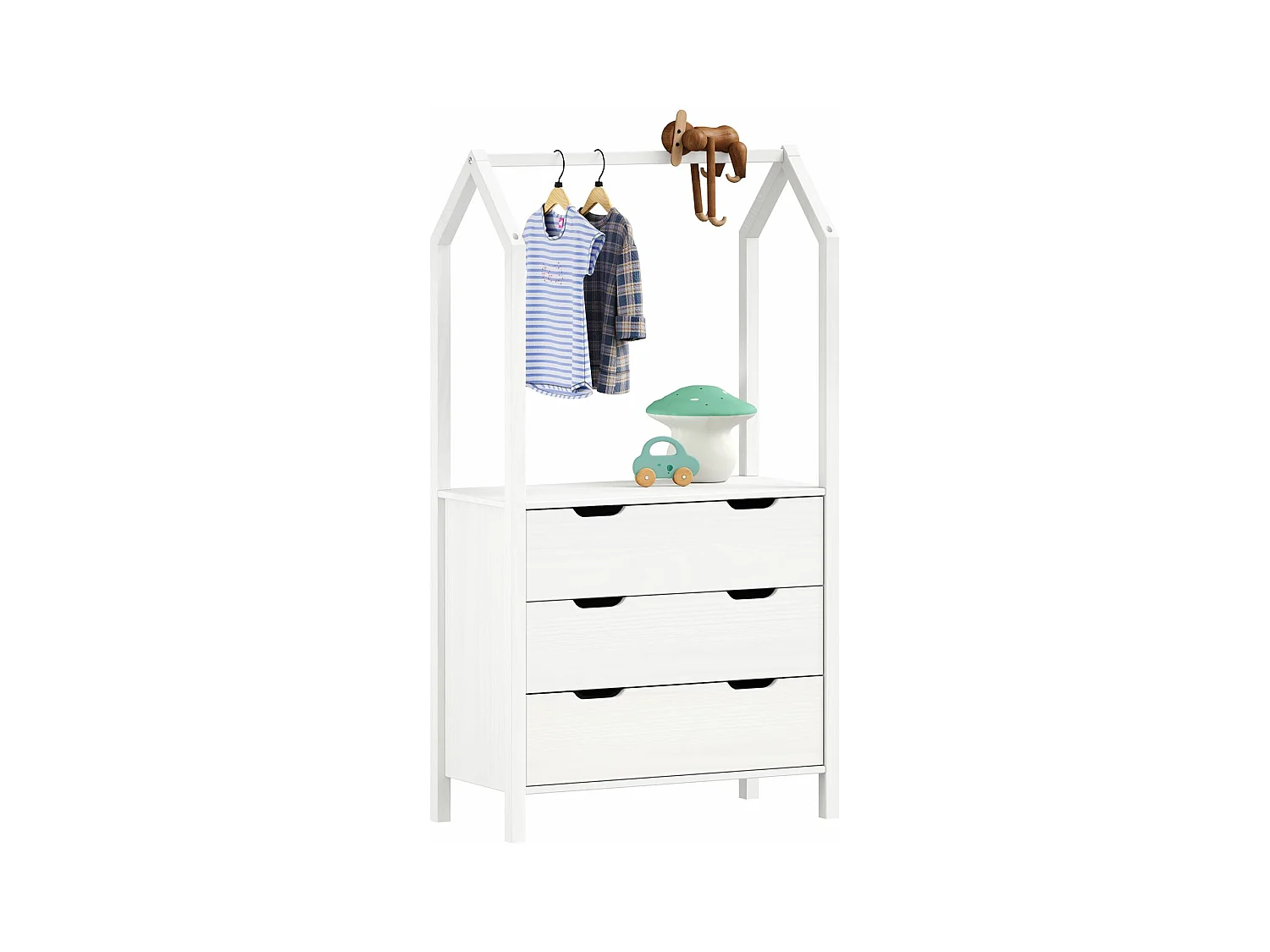 Commode enfant AMIRA H 152 cm en bois massif blanc type Montessori avec 3 tiroirs et 1 tringle meuble de rangement