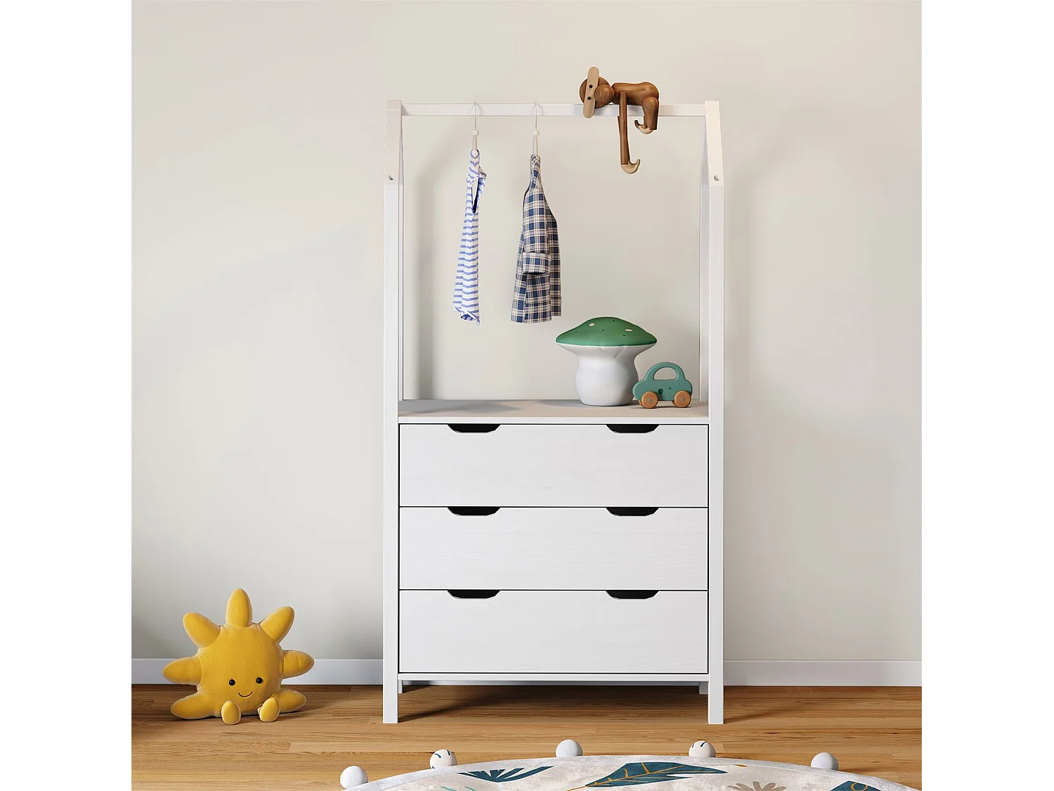 Commode enfant AMIRA H 152 cm en bois massif blanc type Montessori avec 3 tiroirs et 1 tringle meuble de rangement