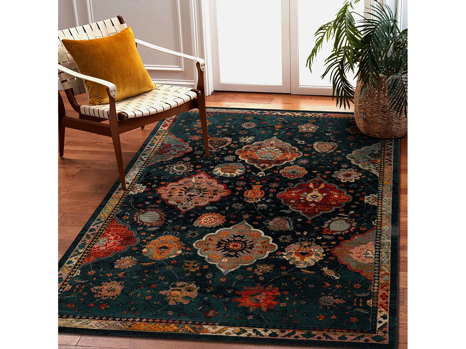 Tappeto di lana POLONIA Abrash orientale, fiori blu navy 235x350 cm
