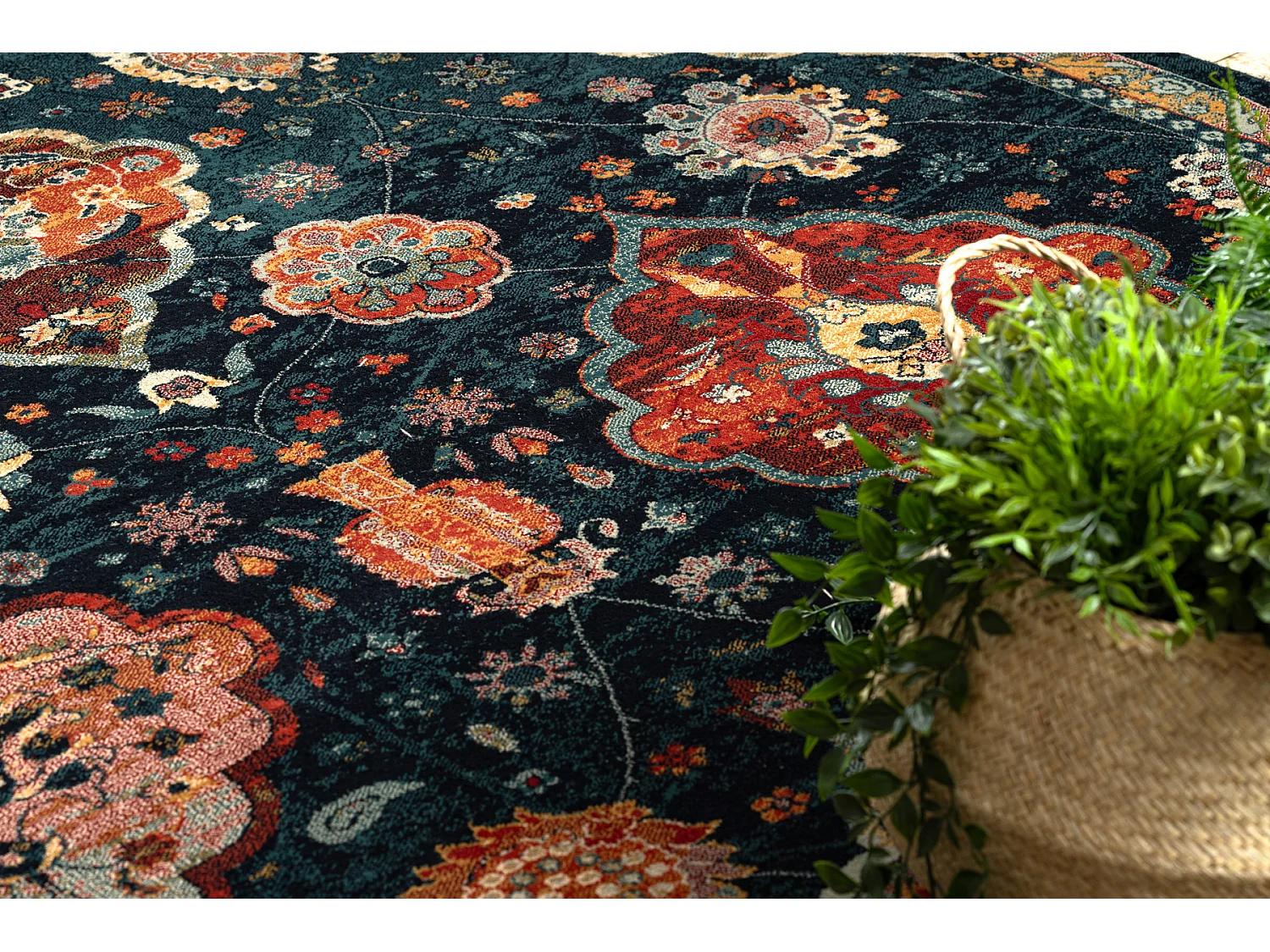 Tappeto di lana POLONIA Abrash orientale, fiori blu navy 235x350 cm