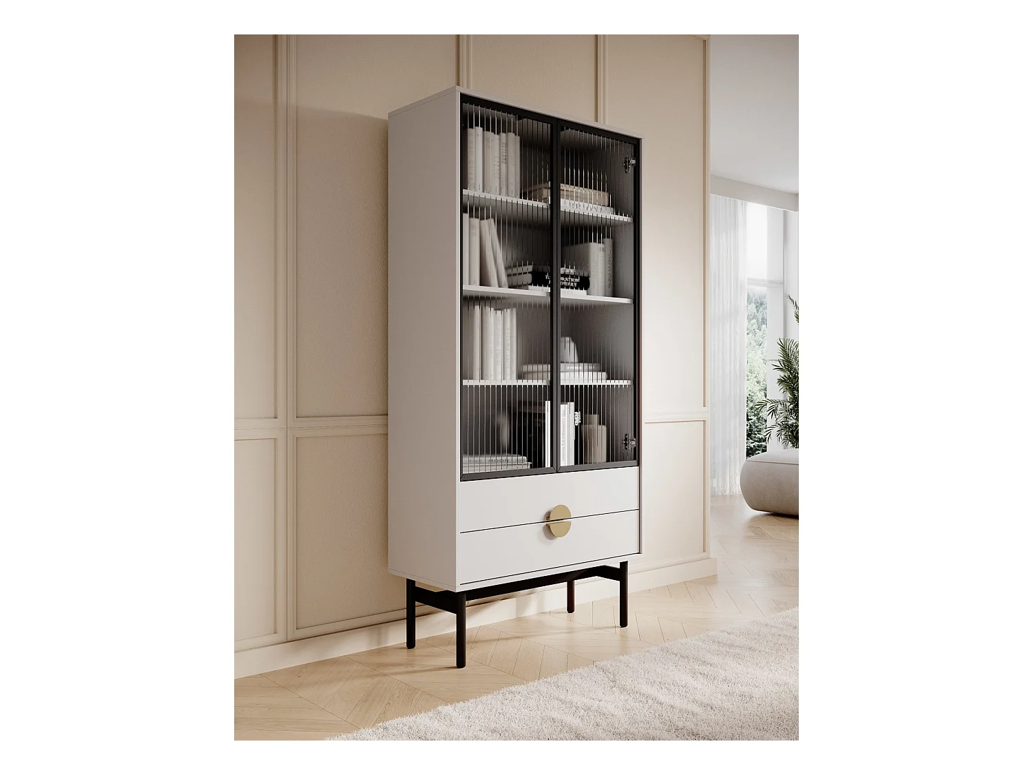 Vitrine mit 3 Regalböden und 2 Schubladen - weiß - 175 cm - STOON