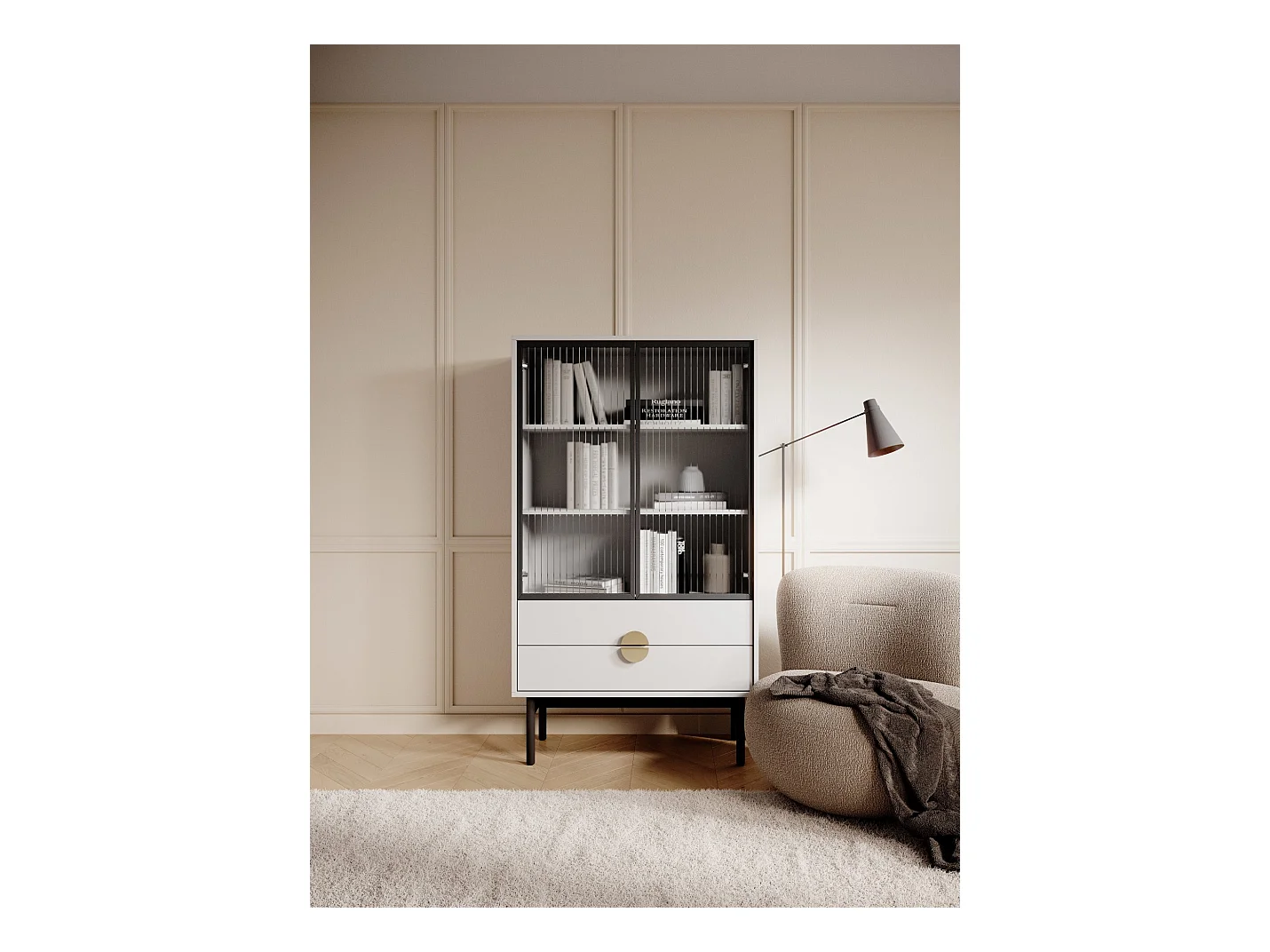 Vitrine mit 2 Regalböden und 2 Schubladen - weiß - 150 cm - STOON
