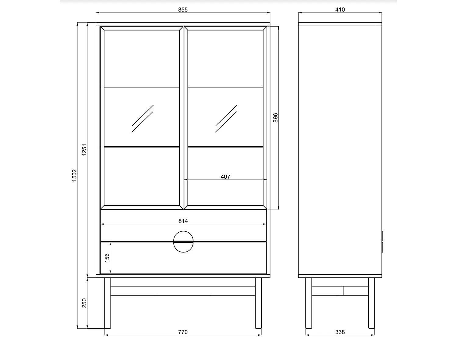 Lage vitrinekast - 84 cm - met drie planken en lades - wit - STOON
