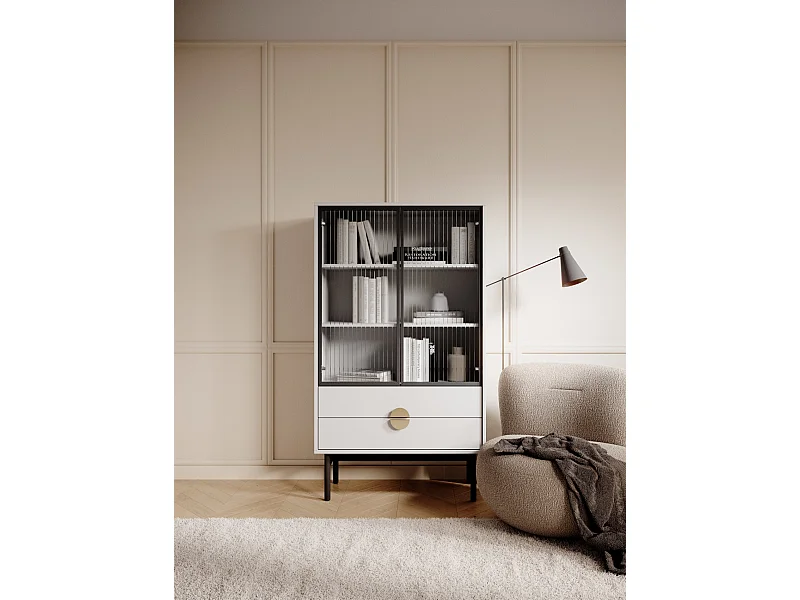 Lage vitrinekast - 84 cm - met drie planken en lades - wit - STOON