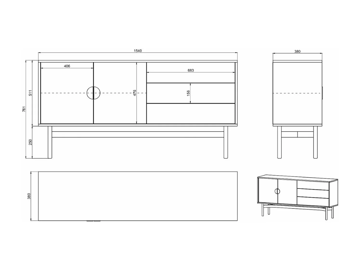 Meuble TV avec trois tiroirs 154 cm - blanc - STOON