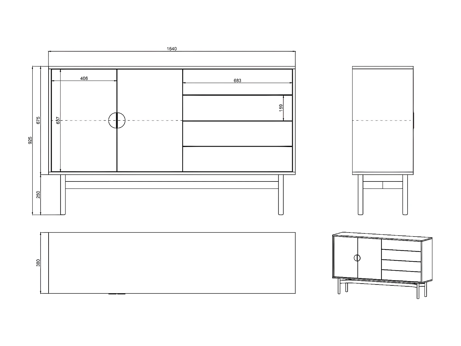 Dressoir met twee deuren - 154 cm - met laden - wit - STOON