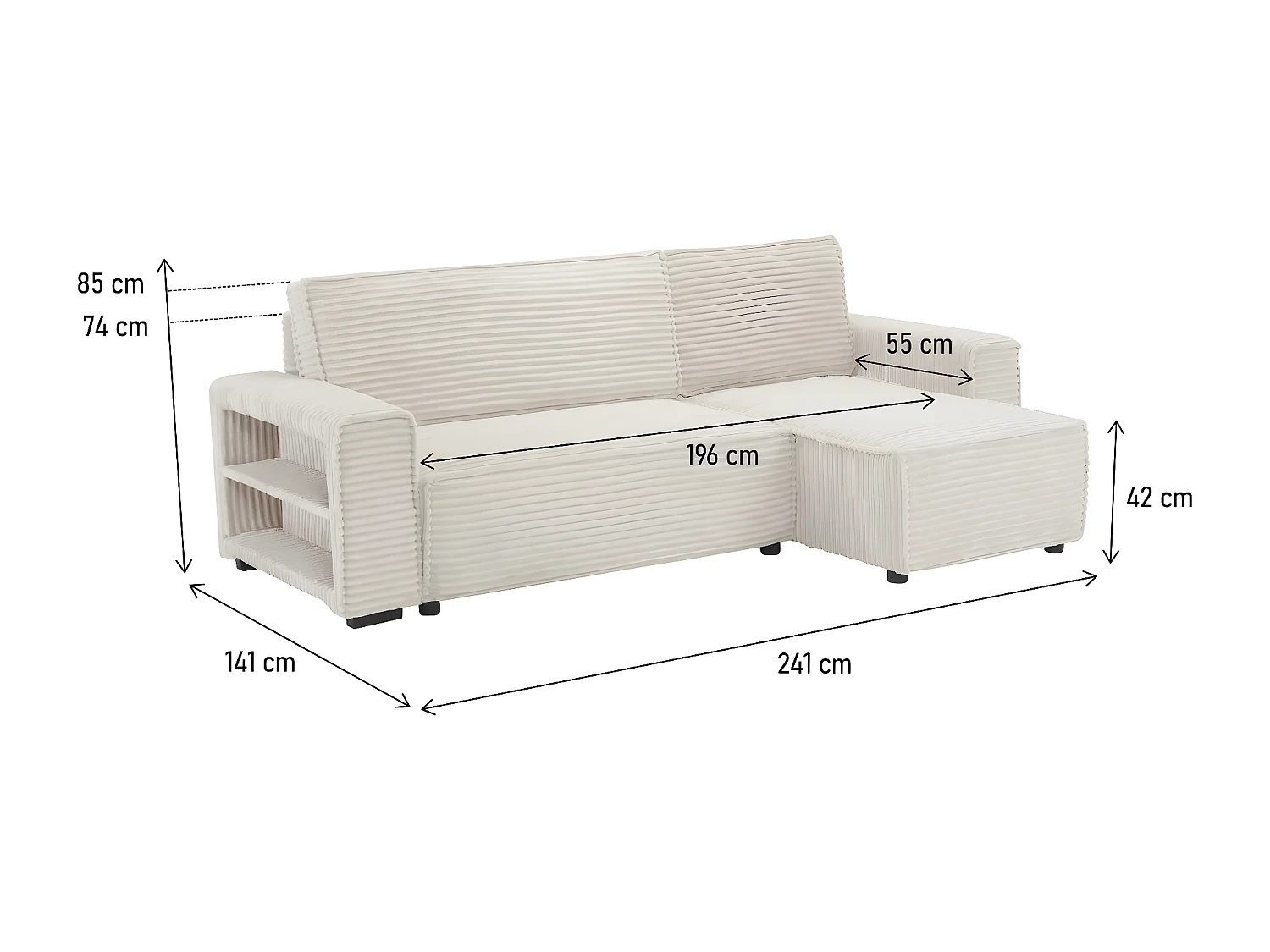 Canapé d'angle en velours côtelé  "Opera" - 3 places - Beige