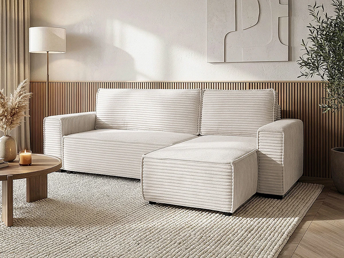 Canapé d'angle en velours côtelé  "Opera" - 3 places - Beige