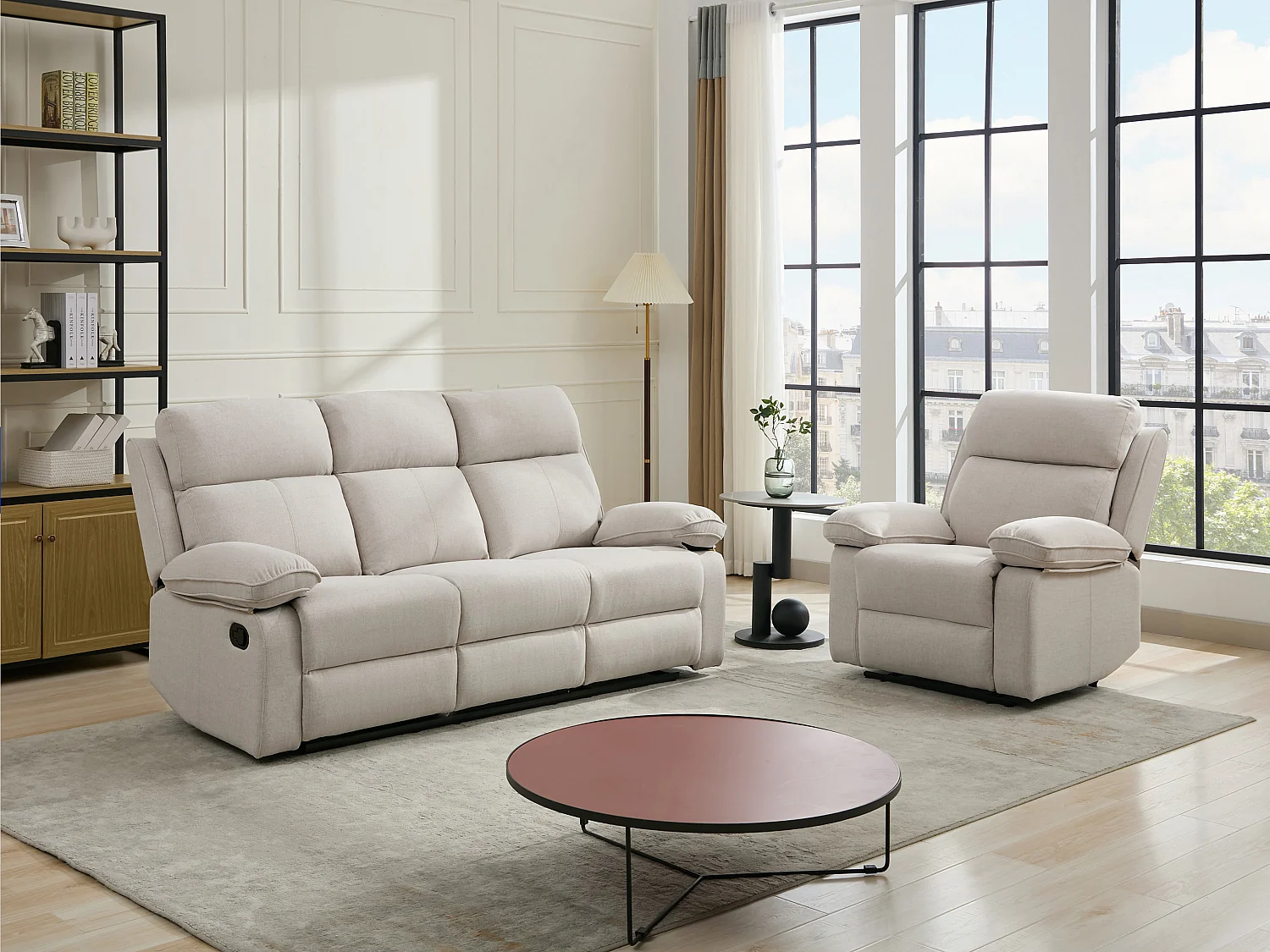 Canapé 3 places et fauteuil relax en tissu chiné beige LANA