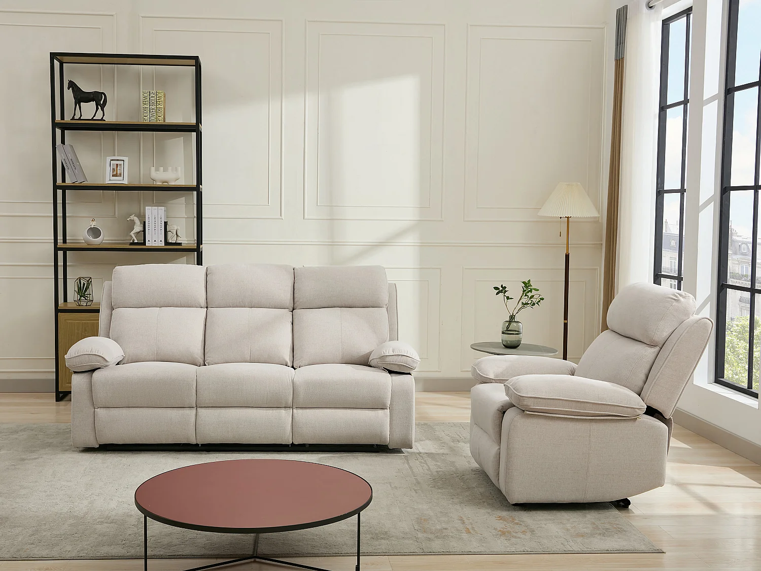 Canapé 3 places et fauteuil relax en tissu chiné beige LANA