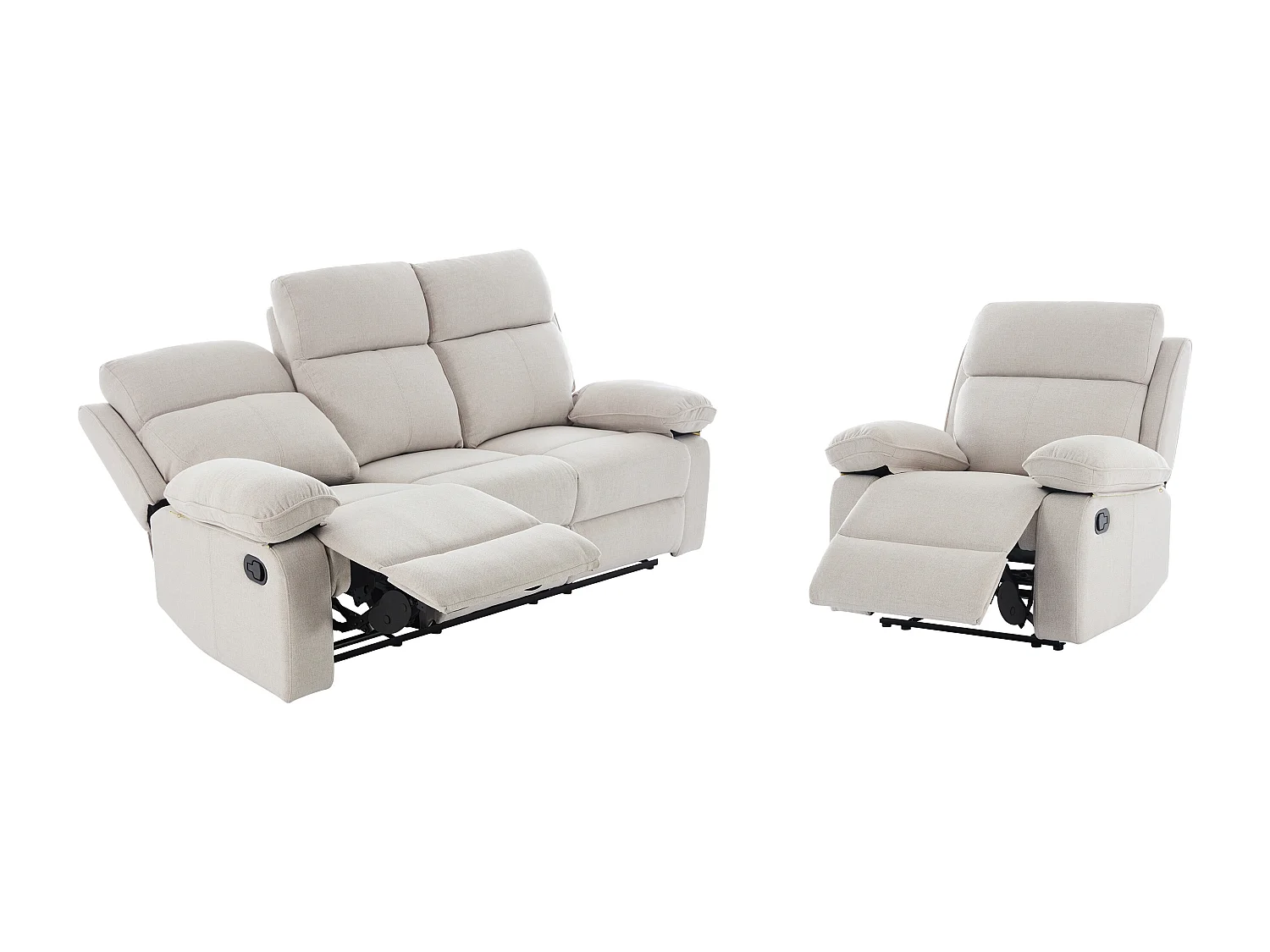 Driezits-relaxbank en relaxfauteuil van beige gechineerde stof LANA