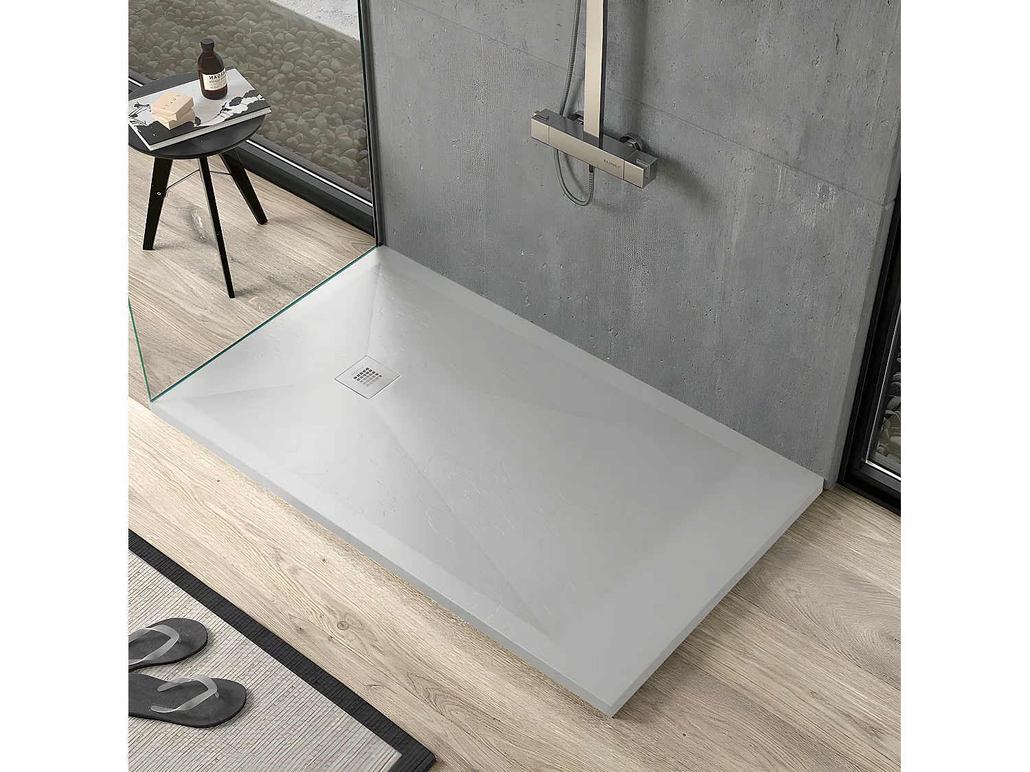 Receveur de douche gris clair finition ardoise Stone Plus, grille de couleur - 90 x 80 cm