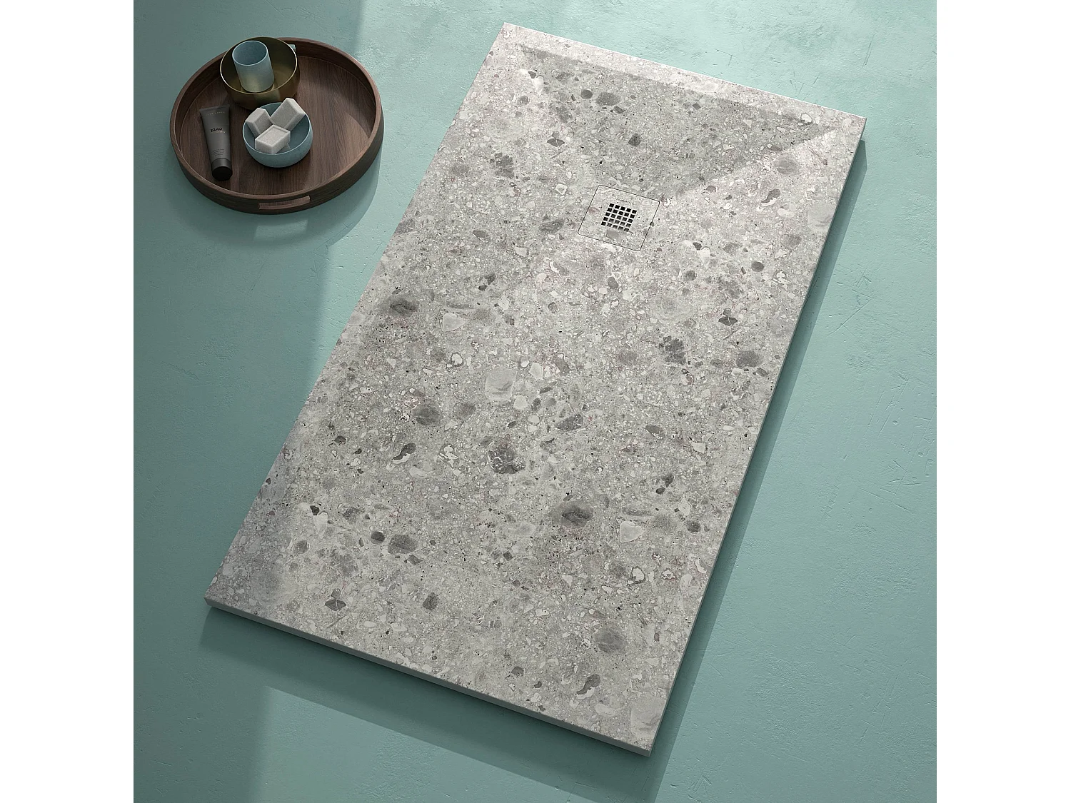 Receveur de douche Terrazo Grey, finition Lisse Stone 3D, grille de couleur - 100 x 90 cm