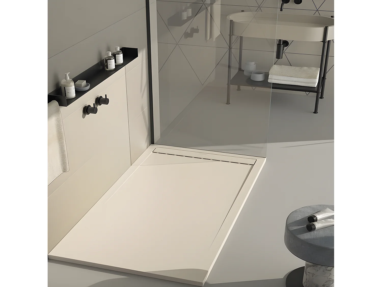 Receveur de douche Crème, finition Lisse Stone SMART, grille de couleur - 70 x 70 cm