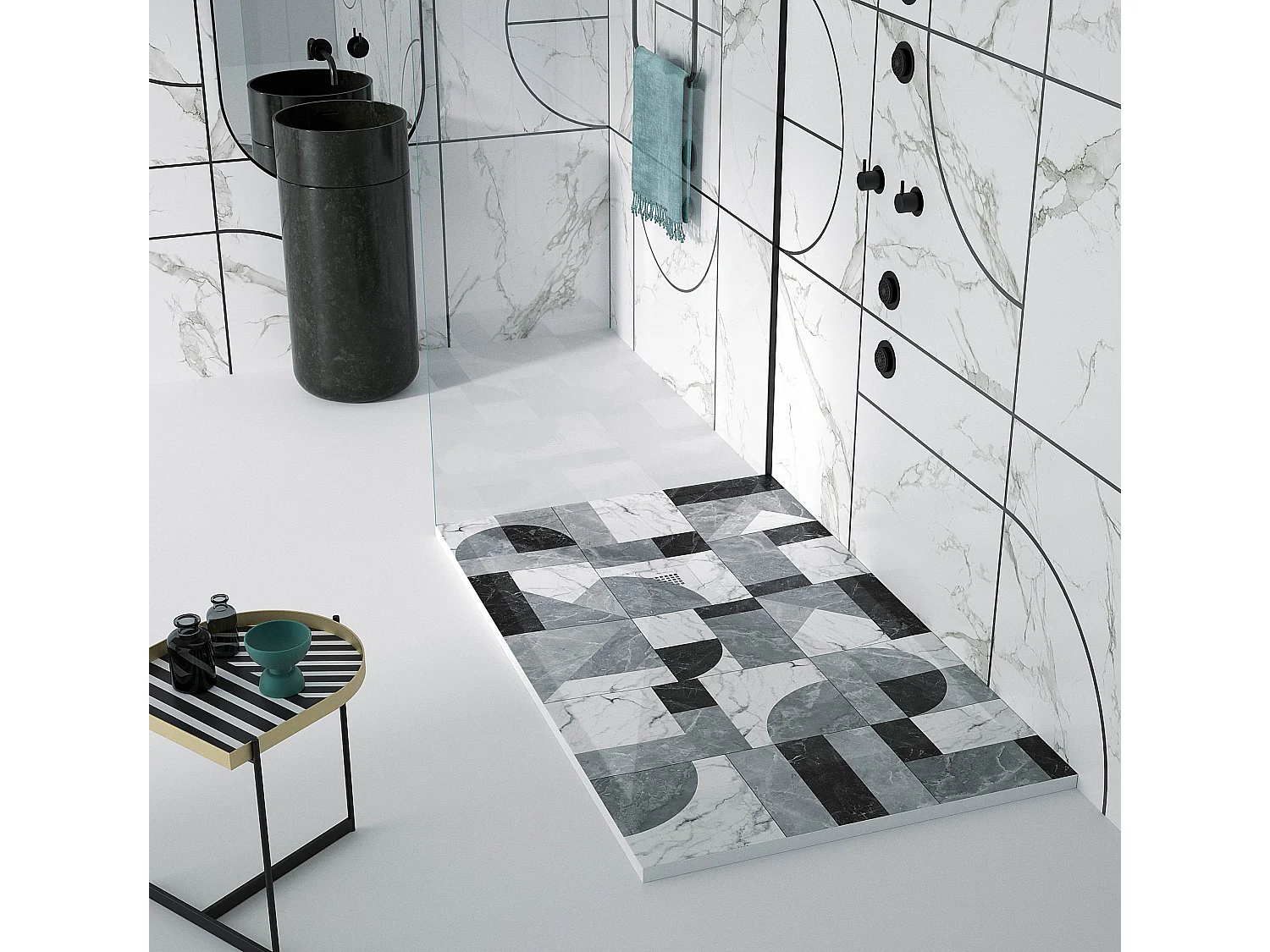 Receveur de douche 01 BN MosaÏque, finition Lisse Stone 3D, grille de couleur - 170 x 90 cm