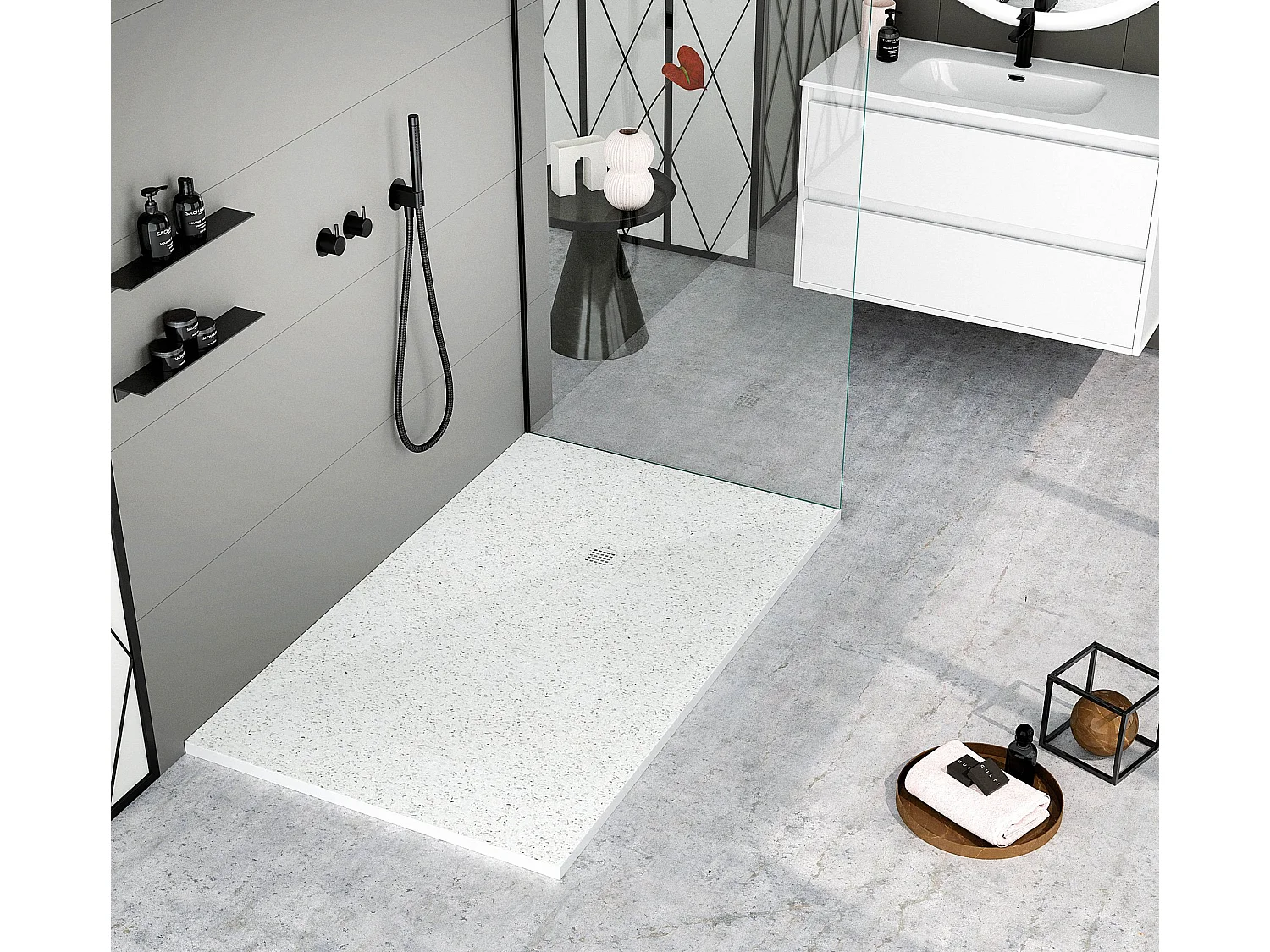Receveur de douche Granite Blanc, finition Lisse Stone 3D, grille de couleur - 120 x 80 cm