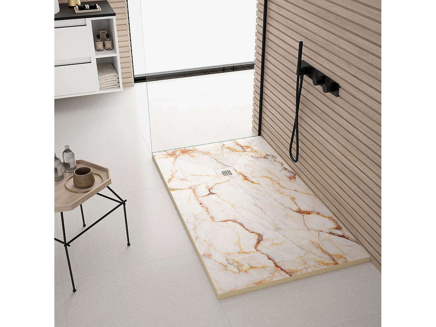 Receveur de douche Marbre creme, finition Lisse Stone 3D, grille de couleur - 70 x 70 cm
