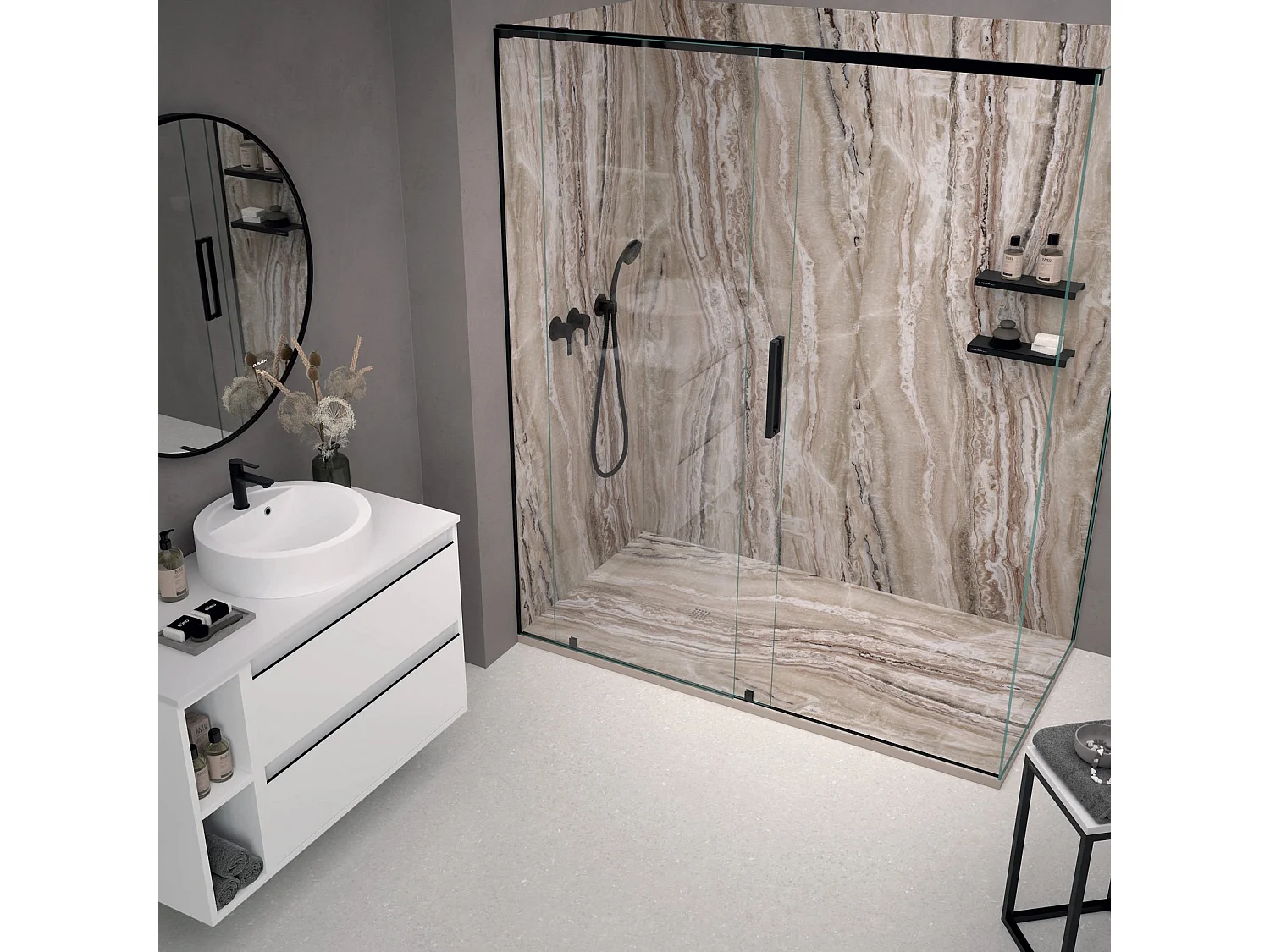 Receveur de douche Travertin brun , finition Lisse Stone 3D, grille de couleur - 130 x 90 cm
