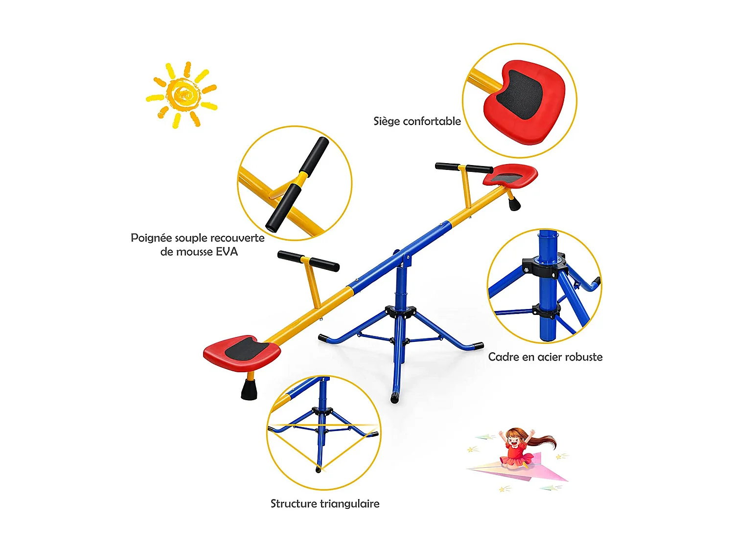 Balançoire à Bascule Tapecul pour Enfant Pivotante à 360° avec Pieds d'Arrêt Jouet d'Extérieur pour enfants 3 - 8 ans