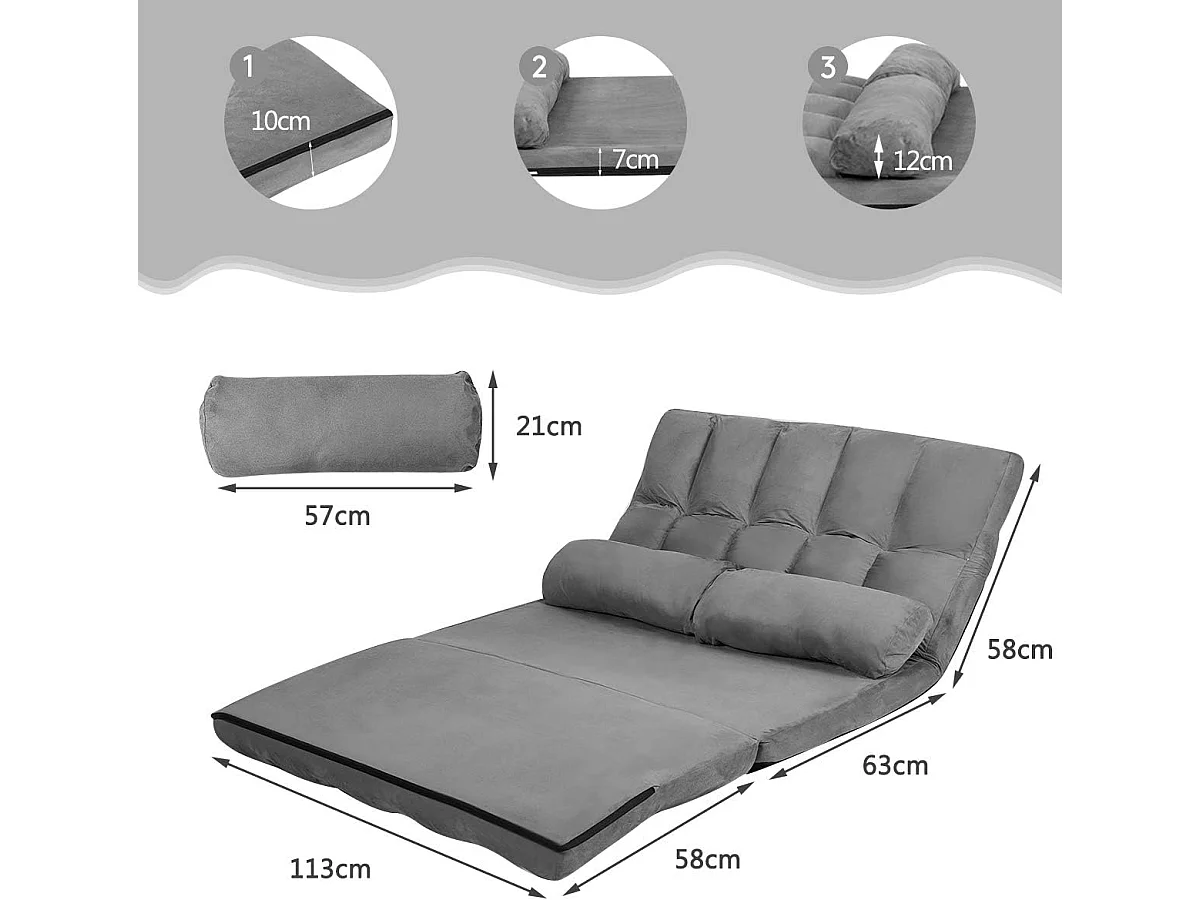 Canapé Convertible 2 Place 113 x 180 cm, Dossier Réglable à 6 Positions, Housse Détachable, Gris