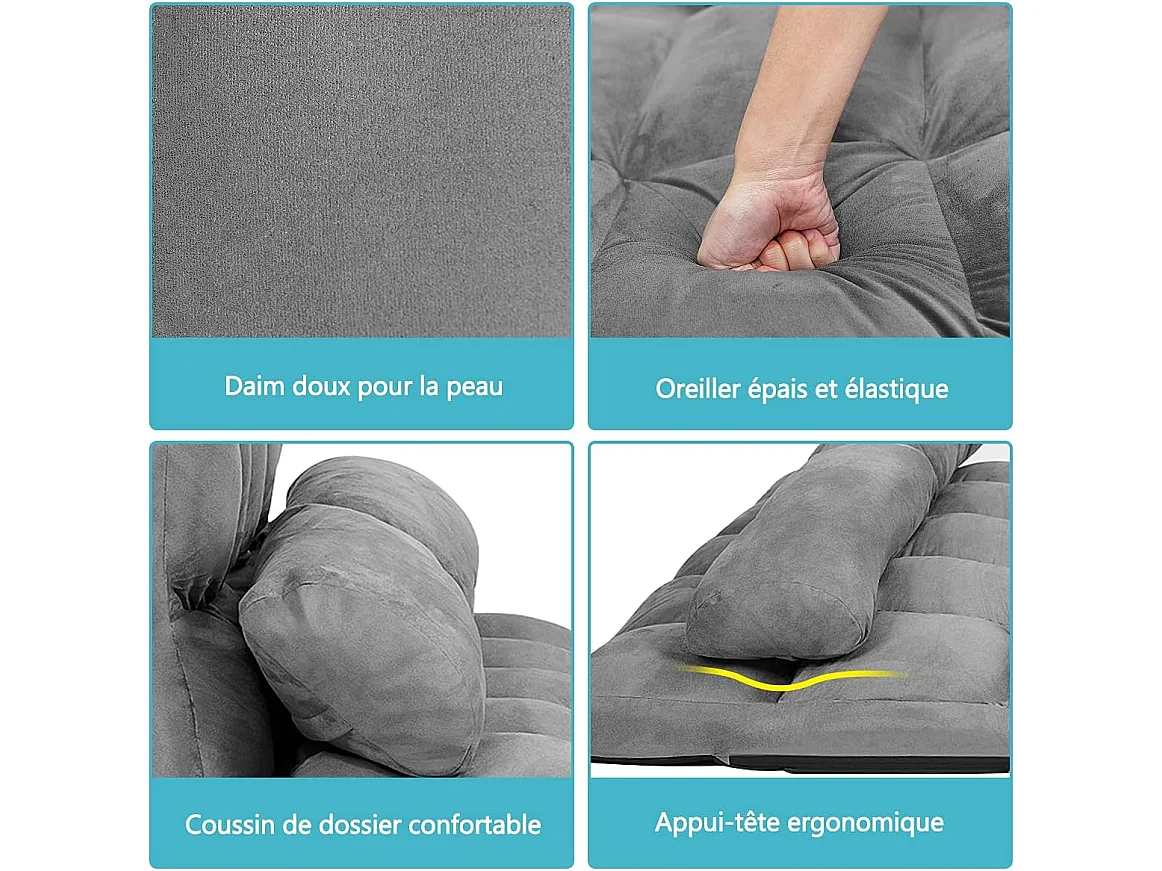 Canapé Convertible 2 Place 113 x 180 cm, Dossier Réglable à 6 Positions, Housse Détachable, Gris