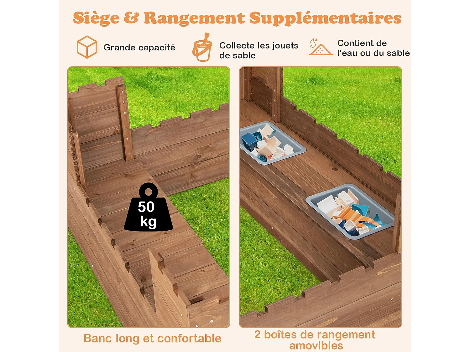 Bac à Sable en Bois Enfants 113 x 116 CM avec 2 Bancs, Boîte à Sable sur Thème du Château avec 2 Boîte Amovibles & Drapeaux, Capacité de Sable 120L pour 2 Enfants de 3-8 Ans