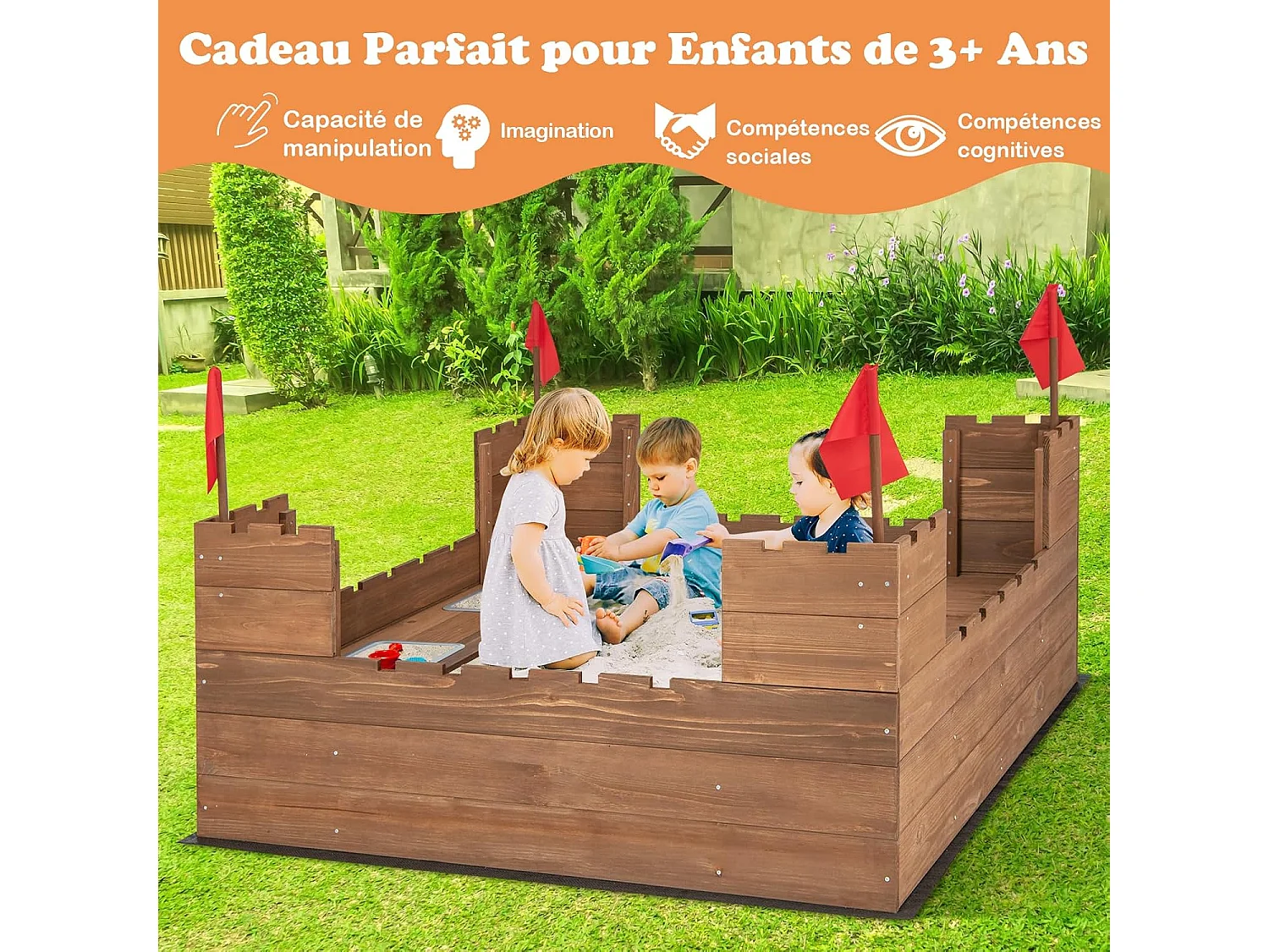 Bac à Sable en Bois Enfants 113 x 116 CM avec 2 Bancs, Boîte à Sable sur Thème du Château avec 2 Boîte Amovibles & Drapeaux, Capacité de Sable 120L pour 2 Enfants de 3-8 Ans