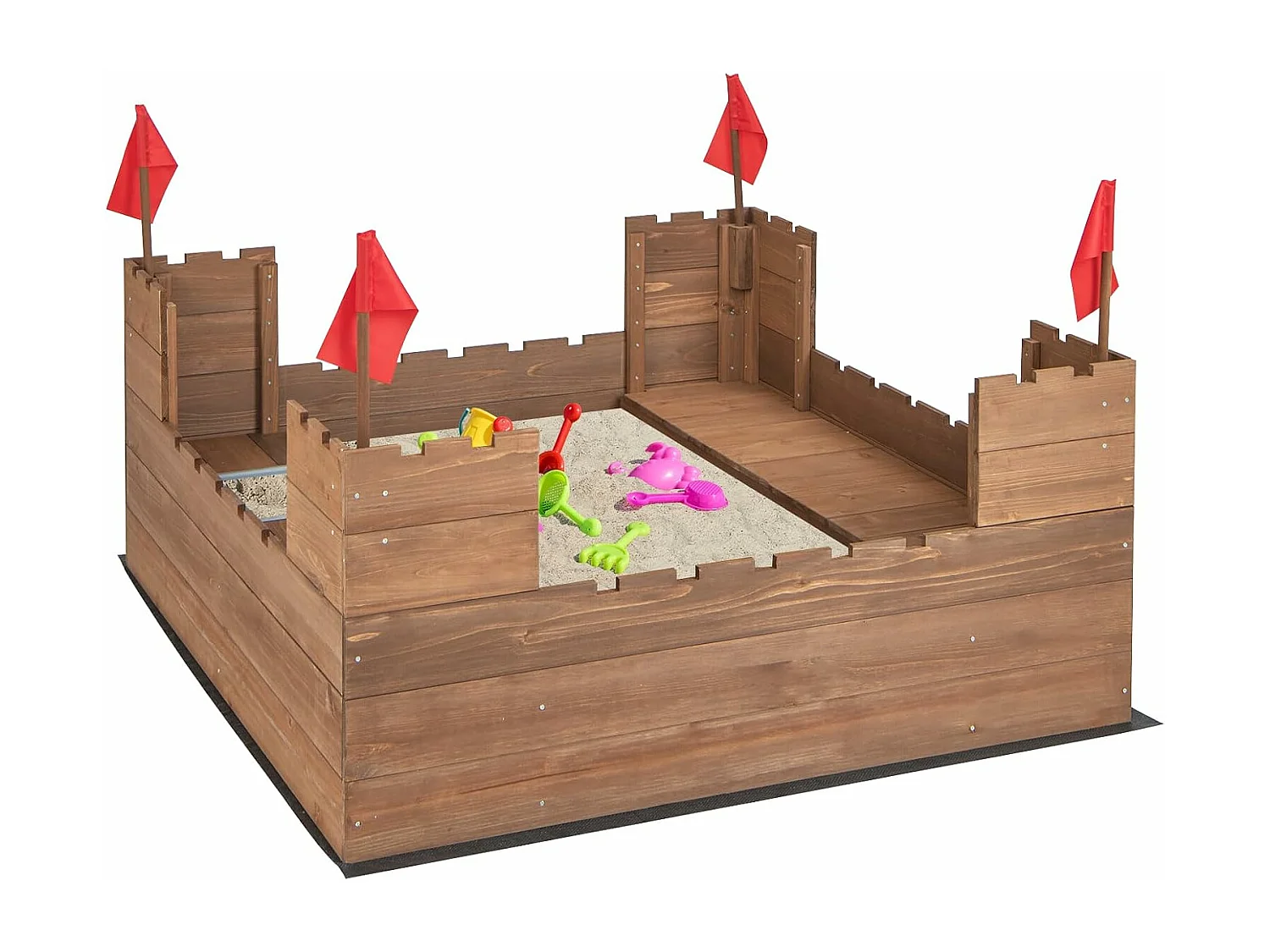 Bac à Sable en Bois Enfants 113 x 116 CM avec 2 Bancs, Boîte à Sable sur Thème du Château avec 2 Boîte Amovibles & Drapeaux, Capacité de Sable 120L pour 2 Enfants de 3-8 Ans