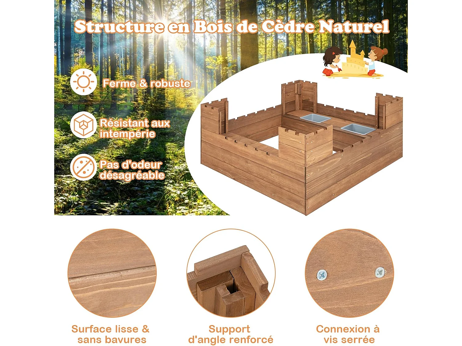 Bac à Sable en Bois Enfants 113 x 116 CM avec 2 Bancs, Boîte à Sable sur Thème du Château avec 2 Boîte Amovibles & Drapeaux, Capacité de Sable 120L pour 2 Enfants de 3-8 Ans