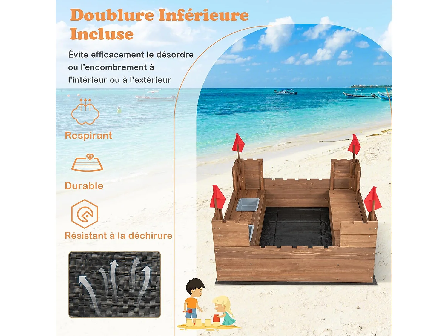 Bac à Sable en Bois Enfants 113 x 116 CM avec 2 Bancs, Boîte à Sable sur Thème du Château avec 2 Boîte Amovibles & Drapeaux, Capacité de Sable 120L pour 2 Enfants de 3-8 Ans