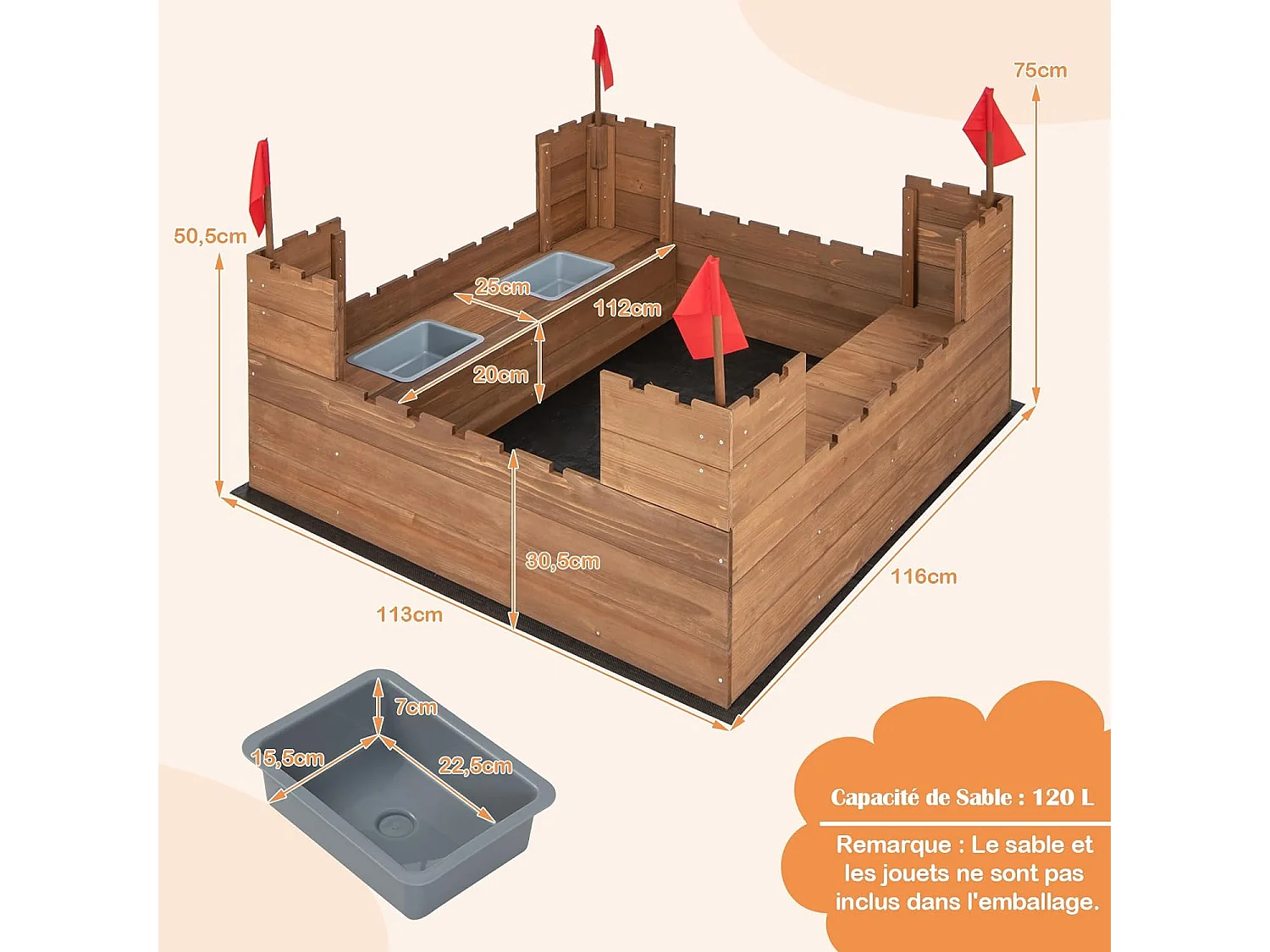 Bac à Sable en Bois Enfants 113 x 116 CM avec 2 Bancs, Boîte à Sable sur Thème du Château avec 2 Boîte Amovibles & Drapeaux, Capacité de Sable 120L pour 2 Enfants de 3-8 Ans