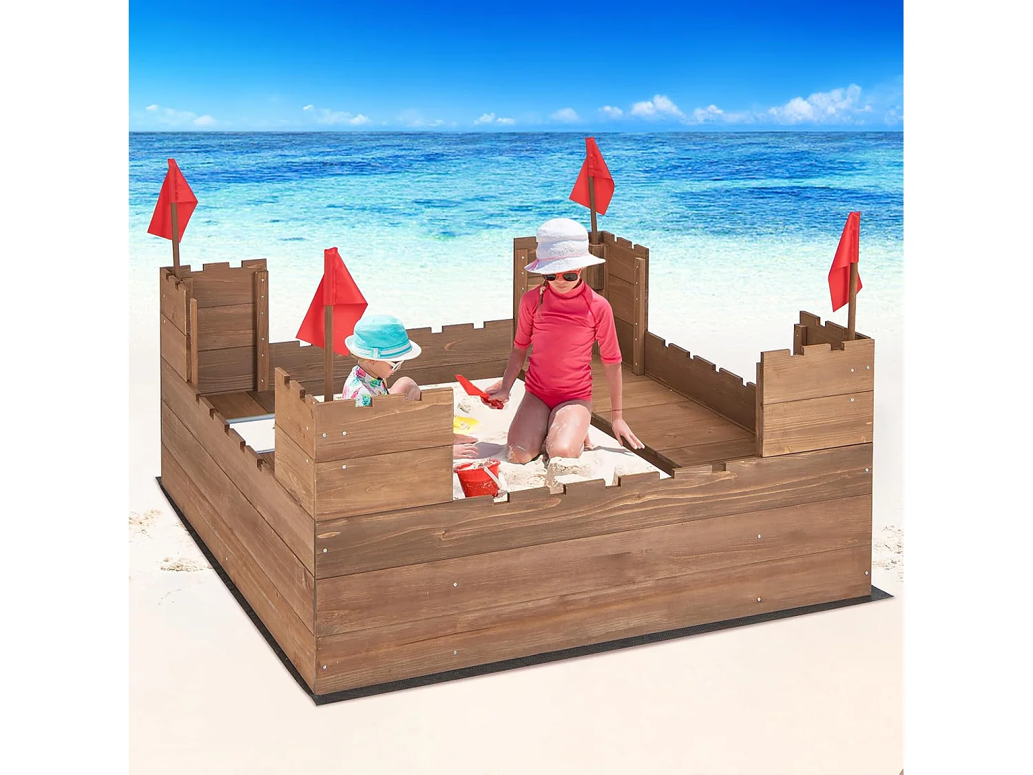 Bac à Sable en Bois Enfants 113 x 116 CM avec 2 Bancs, Boîte à Sable sur Thème du Château avec 2 Boîte Amovibles & Drapeaux, Capacité de Sable 120L pour 2 Enfants de 3-8 Ans