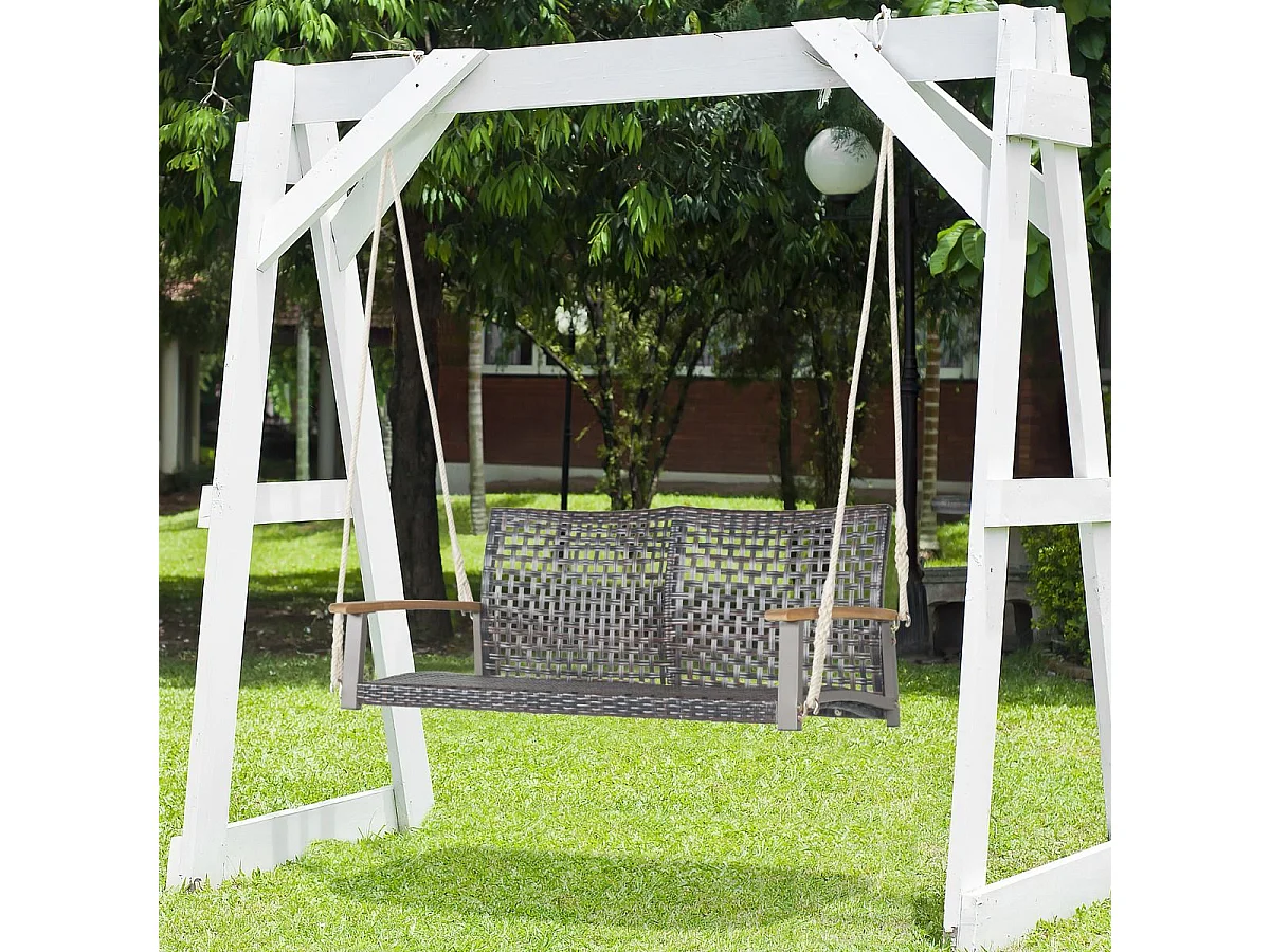 Banc Suspendu 2 Sièges, Balançoire de Jardin à Suspendre, Fabriquer en Plastique PE, Dossier Incurvé et Accoudoirs en Bois d'Acacia, Capacité Jusqu’à 360 kg