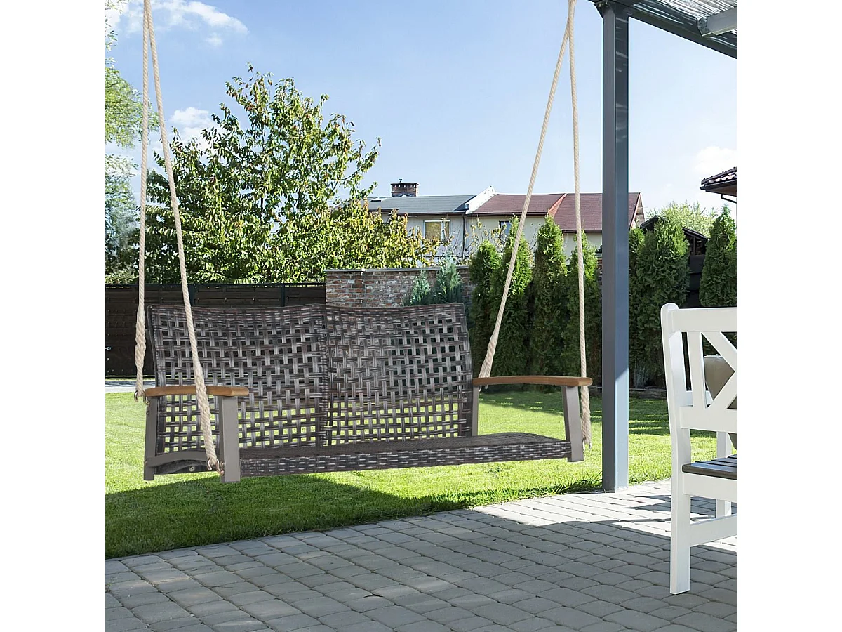 Banc Suspendu 2 Sièges, Balançoire de Jardin à Suspendre, Fabriquer en Plastique PE, Dossier Incurvé et Accoudoirs en Bois d'Acacia, Capacité Jusqu’à 360 kg