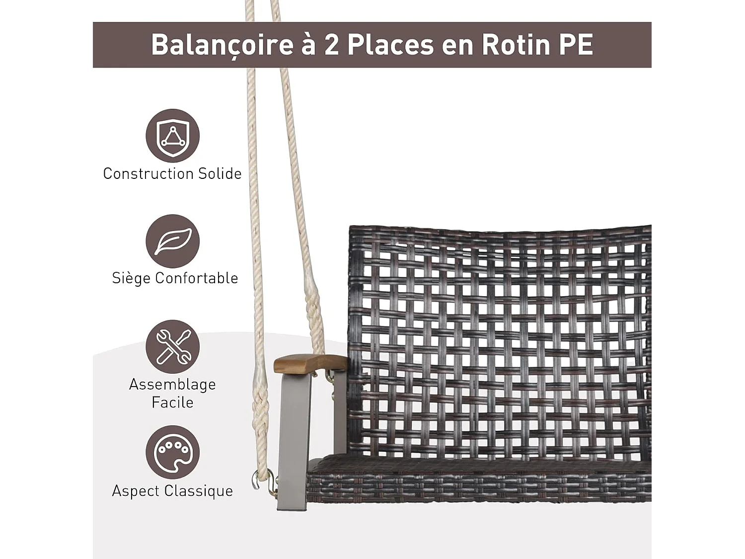 Banc Suspendu 2 Sièges, Balançoire de Jardin à Suspendre, Fabriquer en Plastique PE, Dossier Incurvé et Accoudoirs en Bois d'Acacia, Capacité Jusqu’à 360 kg