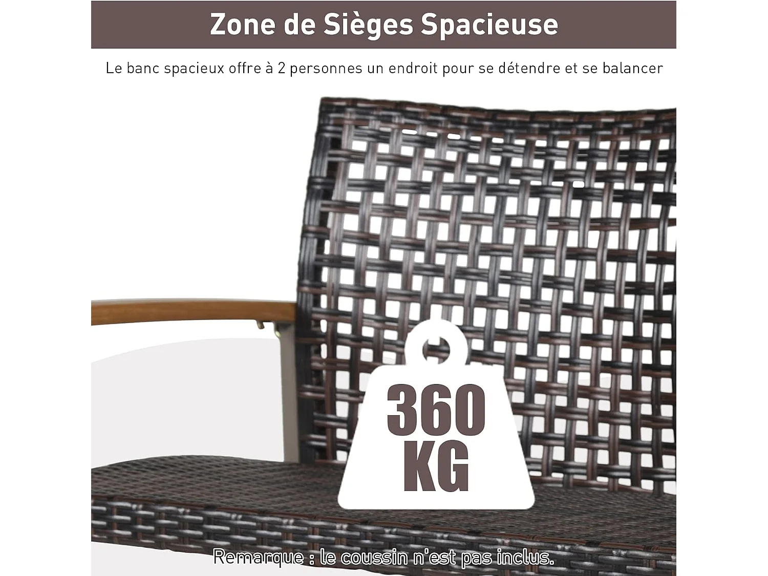 Banc Suspendu 2 Sièges, Balançoire de Jardin à Suspendre, Fabriquer en Plastique PE, Dossier Incurvé et Accoudoirs en Bois d'Acacia, Capacité Jusqu’à 360 kg