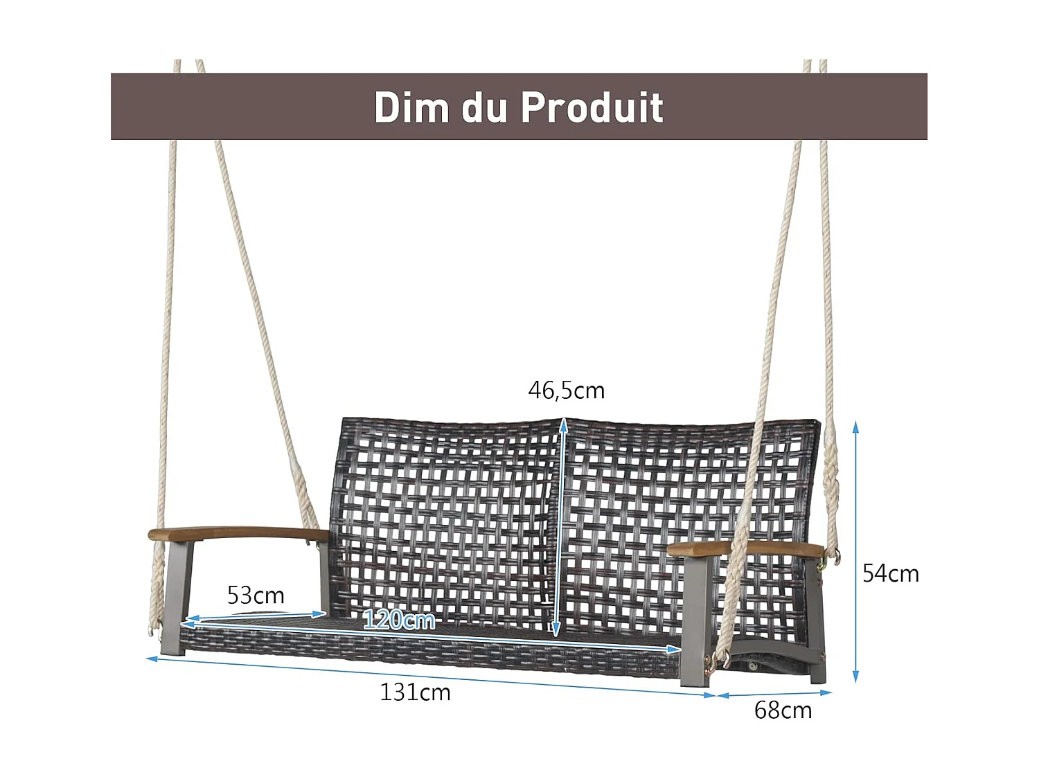 Banc Suspendu 2 Sièges, Balançoire de Jardin à Suspendre, Fabriquer en Plastique PE, Dossier Incurvé et Accoudoirs en Bois d'Acacia, Capacité Jusqu’à 360 kg