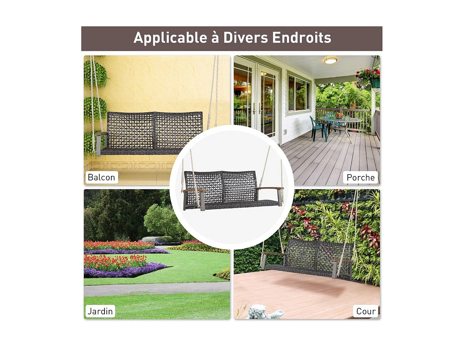 Banc Suspendu 2 Sièges, Balançoire de Jardin à Suspendre, Fabriquer en Plastique PE, Dossier Incurvé et Accoudoirs en Bois d'Acacia, Capacité Jusqu’à 360 kg