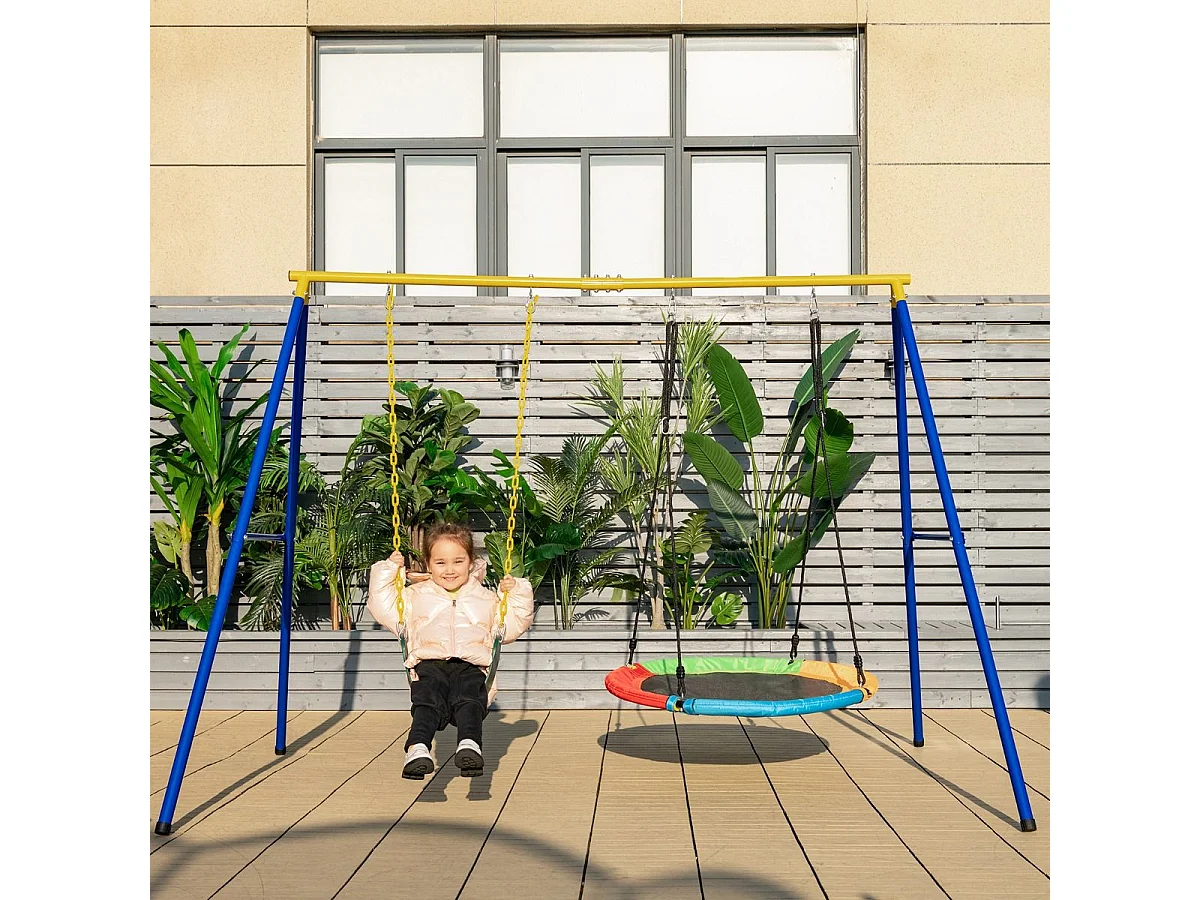 Portique avec Balançoire Nid d'Oiseau Ronde Ø100CM Balançoire Ceinture 1,2m pour Enfant Charge 300KG 2 Méthodes de Fixation