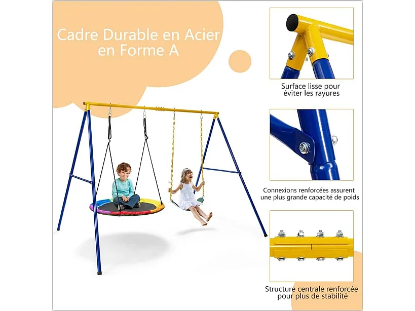 Portique avec Balançoire Nid d'Oiseau Ronde Ø100CM Balançoire Ceinture 1,2m pour Enfant Charge 300KG 2 Méthodes de Fixation