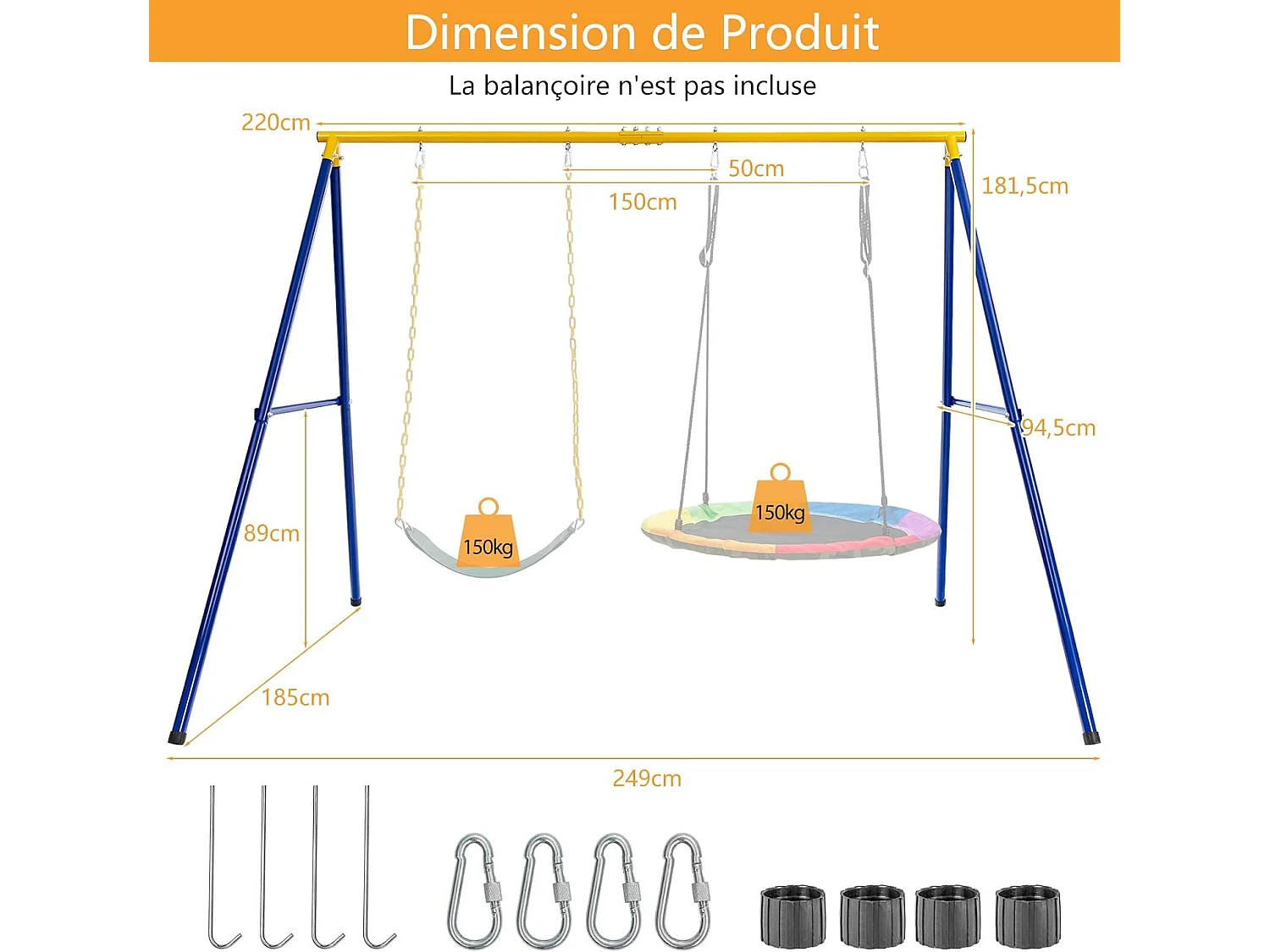 Portique avec Balançoire Nid d'Oiseau Ronde Ø100CM Balançoire Ceinture 1,2m pour Enfant Charge 300KG 2 Méthodes de Fixation