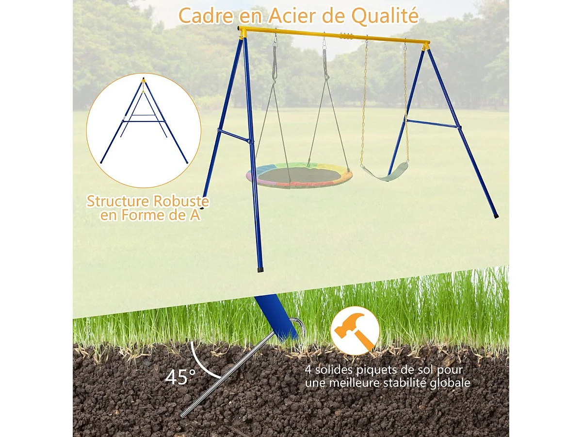 Portique avec Balançoire Nid d'Oiseau Ronde Ø100CM Balançoire Ceinture 1,2m pour Enfant Charge 300KG 2 Méthodes de Fixation